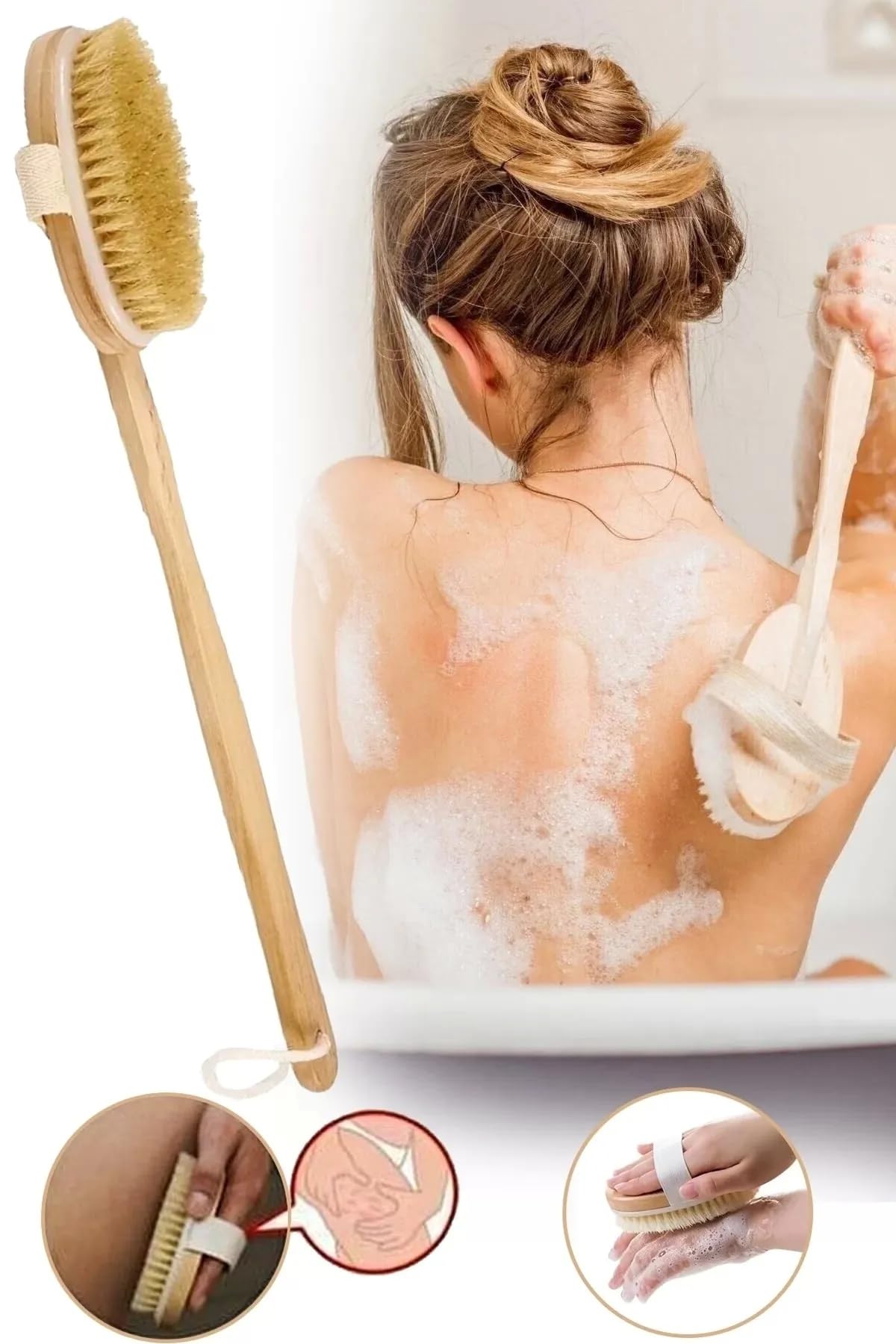 Ankanorm Ahşap Saplı Doğal At Kılı Selülit Fırçası Peeling Masaj Fırça Banyo Fırçası