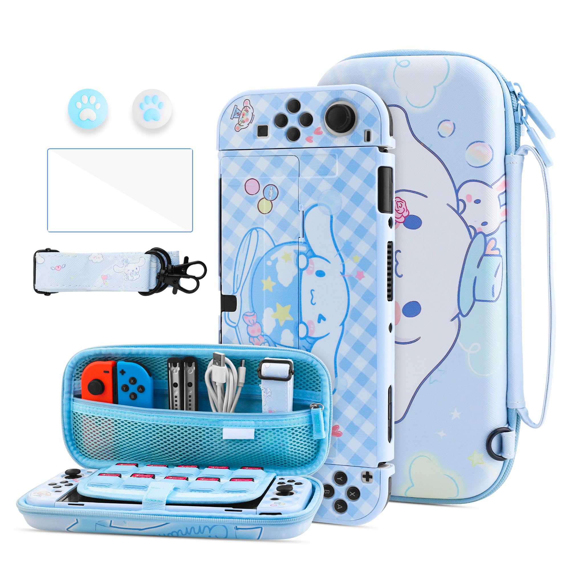 HYPERCASE Blue Dog Carrying Case for Nintendo Switch OLED, Cute Travel Accessories Bag for Switch OLED Console Storage, with Hard Protective Cover, Screen Protector, Shoulder Strap, 2 Thumb Caps