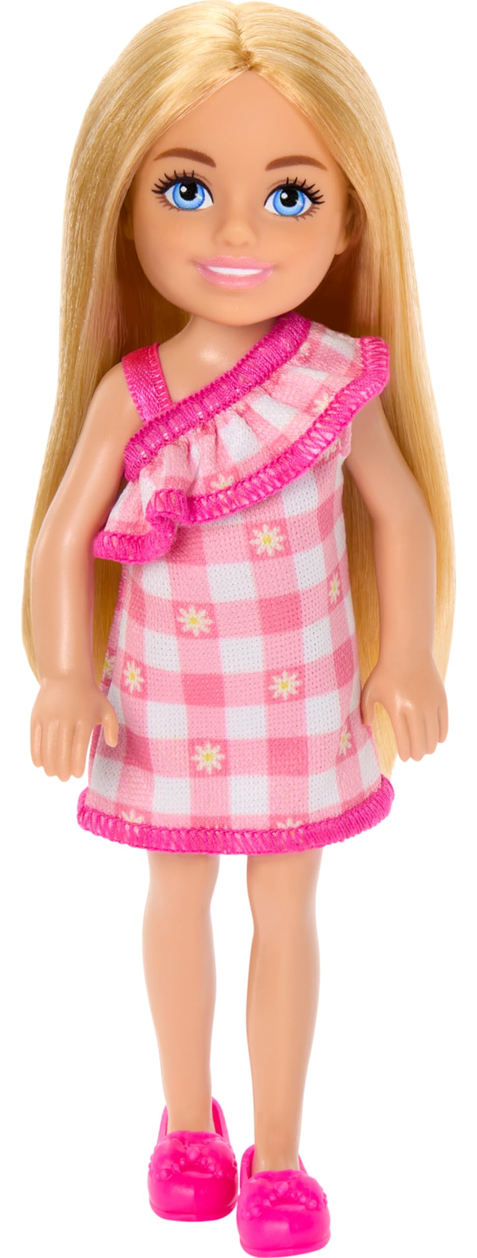Barbie Chelsea Bebek, Sarı Saçlı ve Mavi Gözlü Çıkarılabilir Kareli Elbise ve Pembe Ayakkabı Giyen Küçük Bebek