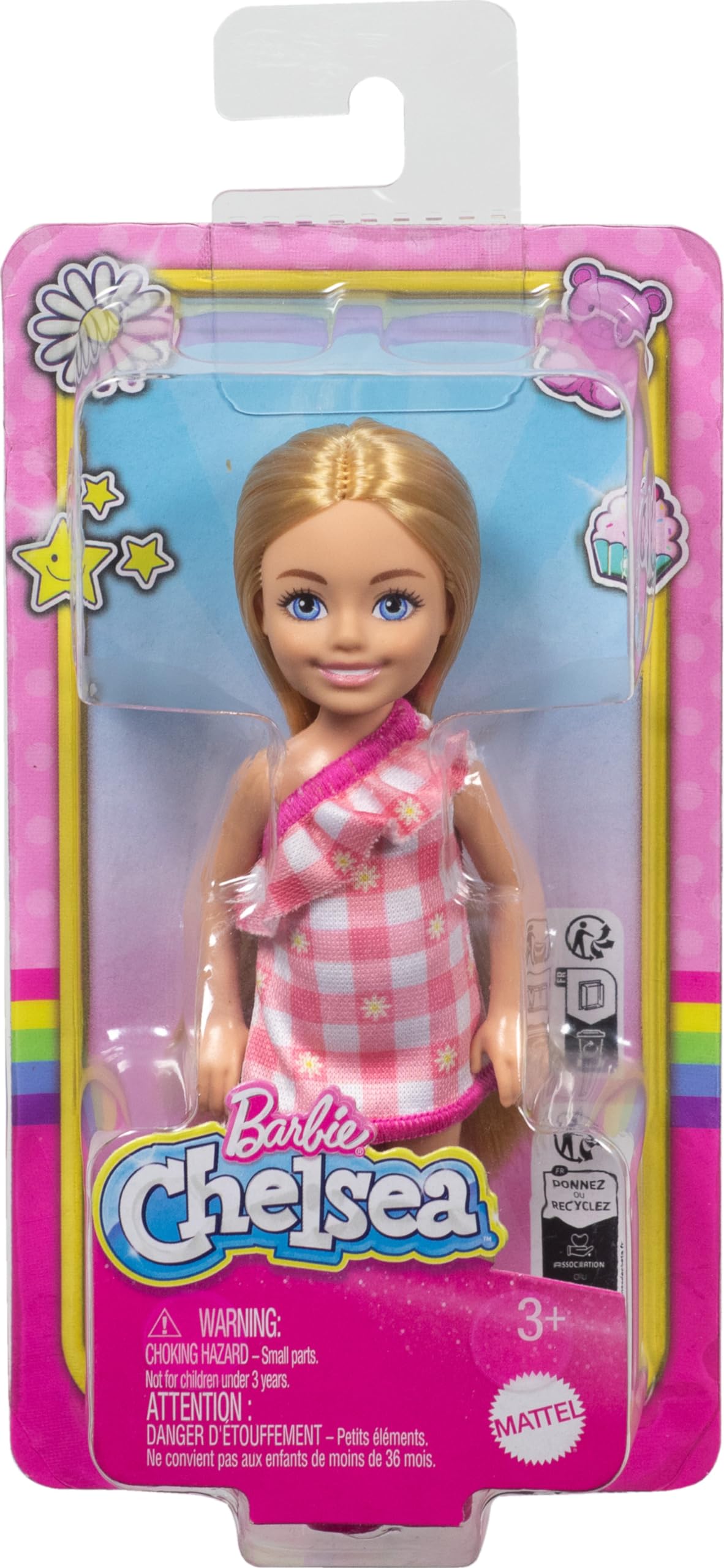 Barbie Chelsea Bebek, Sarı Saçlı ve Mavi Gözlü Çıkarılabilir Kareli Elbise ve Pembe Ayakkabı Giyen Küçük Bebek