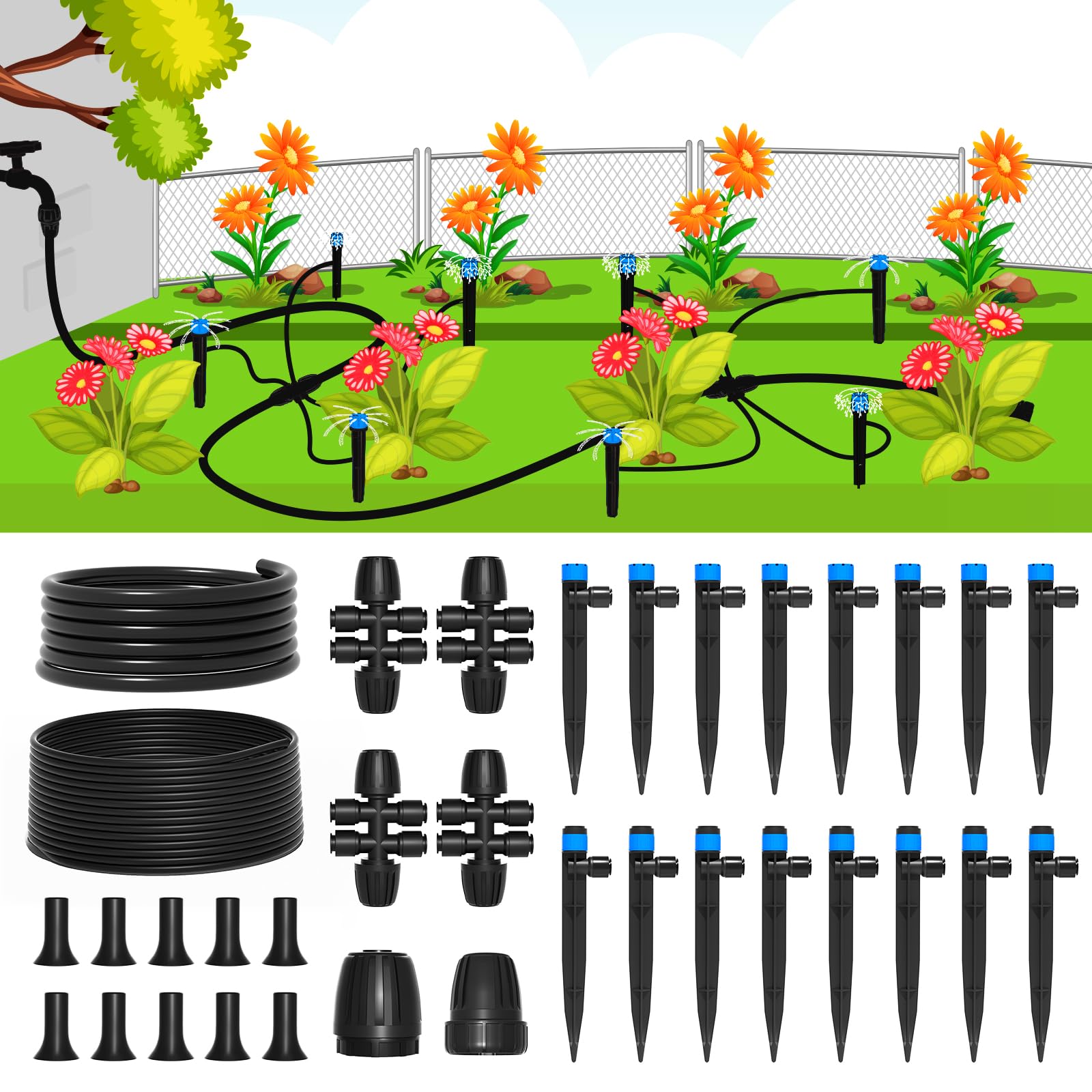MIXC Damla Sulama Sistemi, 95FT Hızlı Verimli Bağlayıcı Bahçe Sulama Sistemi Bitkiler Çim Veranda Yükseltilmiş Yatak İçin Sulama Sistemi 1/2 '' ve 1/4 "Boru, Damla Yayıcılar ile Otomatik Sulama