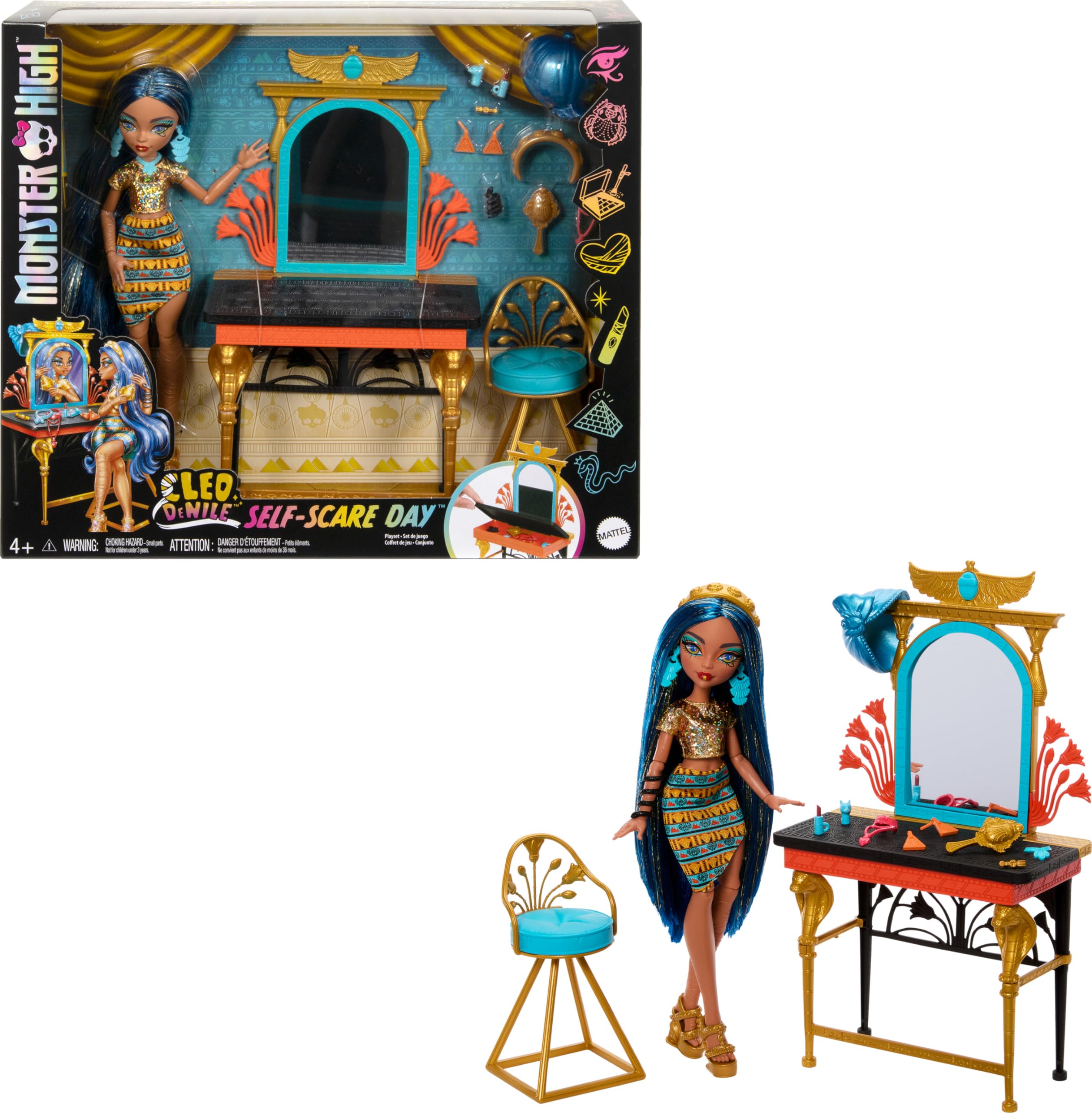Monster High Cleo De Nile Bakım Günü bebek, saklama alanı olan makyaj masası, saç ve takı aksesuarla