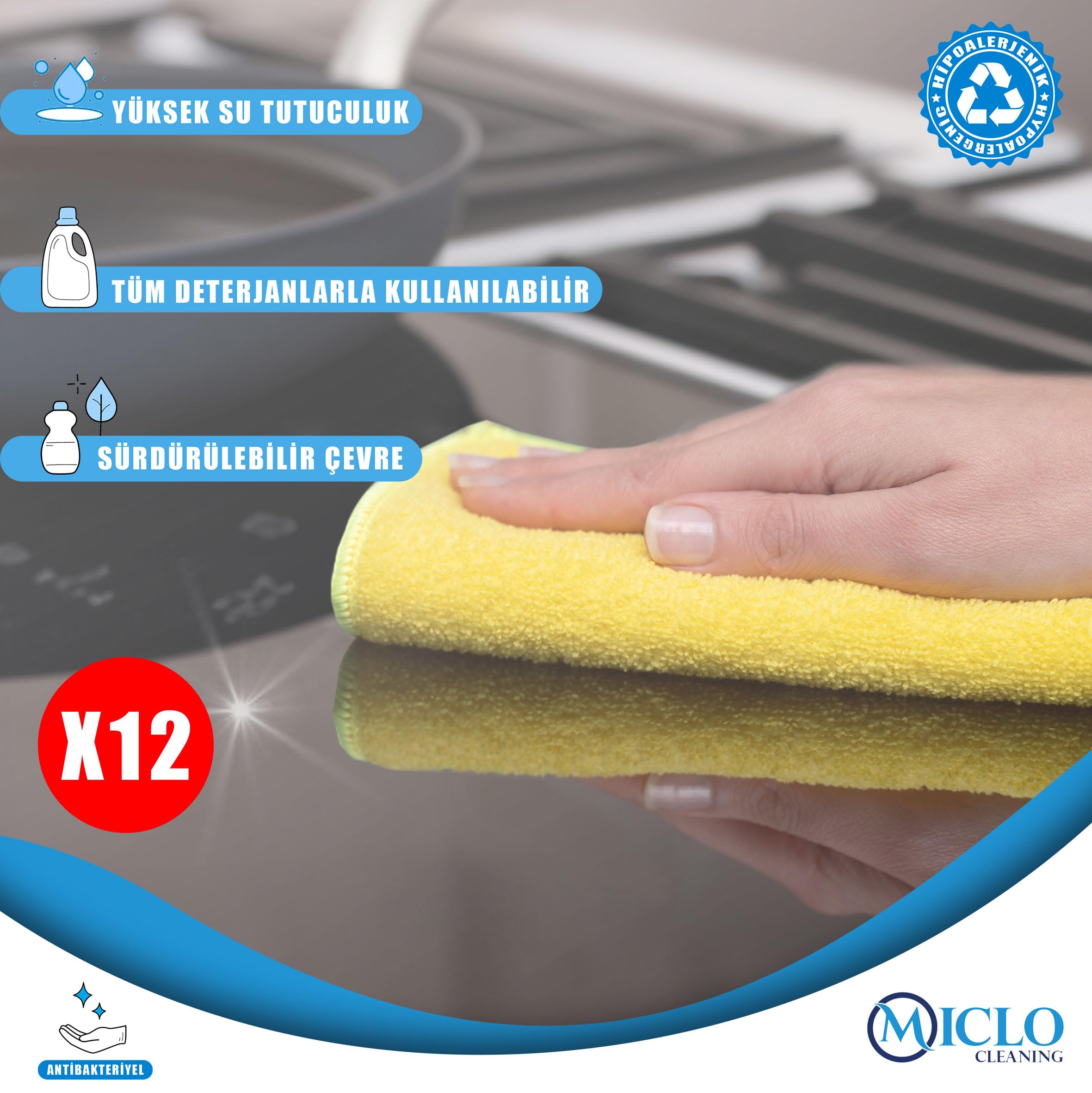 MICLO CLEANING | Mikrofiber Temizlik Bezi | Klasik Serii | 250 GSM | Banyo, Mutfak Bezi | Bulaşık Kurulama Bezi | 4 Renk x12 Adet