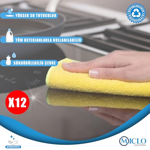 MICLO CLEANING | Mikrofiber Temizlik Bezi | Klasik Serii | 250 GSM | Banyo, Mutfak Bezi | Bulaşık Kurulama Bezi | 4 Renk x12 Adet