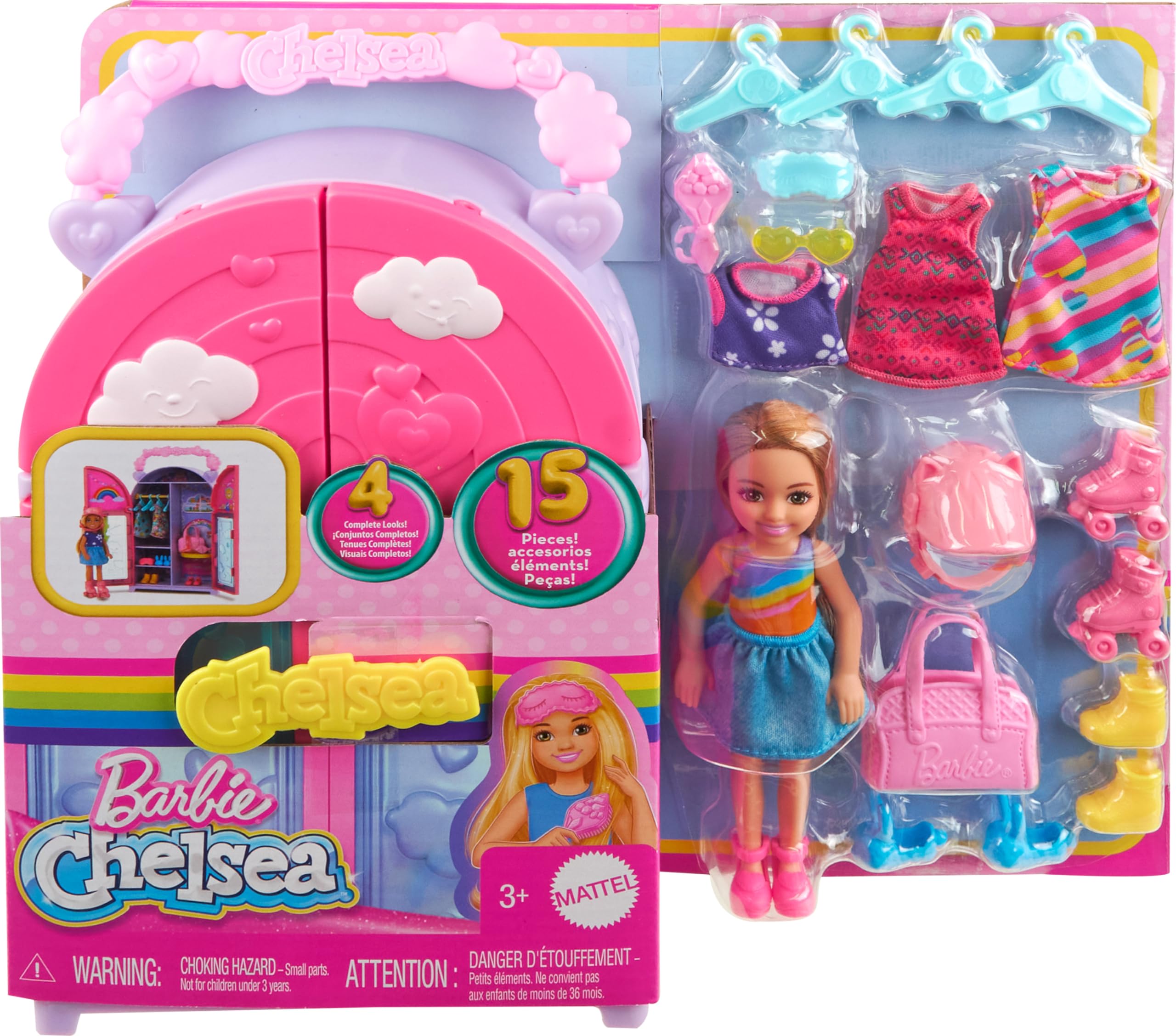 Barbie Chelsea oyuncak bebek ve dolap oyuncak seti, 15 parça giysi ve aksesuar dahil, katlanabilir set, hareket halindeyken oyun ve saklama için