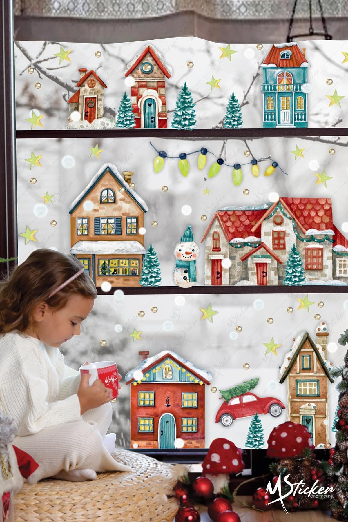 MSticker-Yılbaşı Karlı Şehir Yeni Yıl Çocuk Bebek Odası Sticker Seti Yılbaşı Süsü, Kış Konseptli Süs