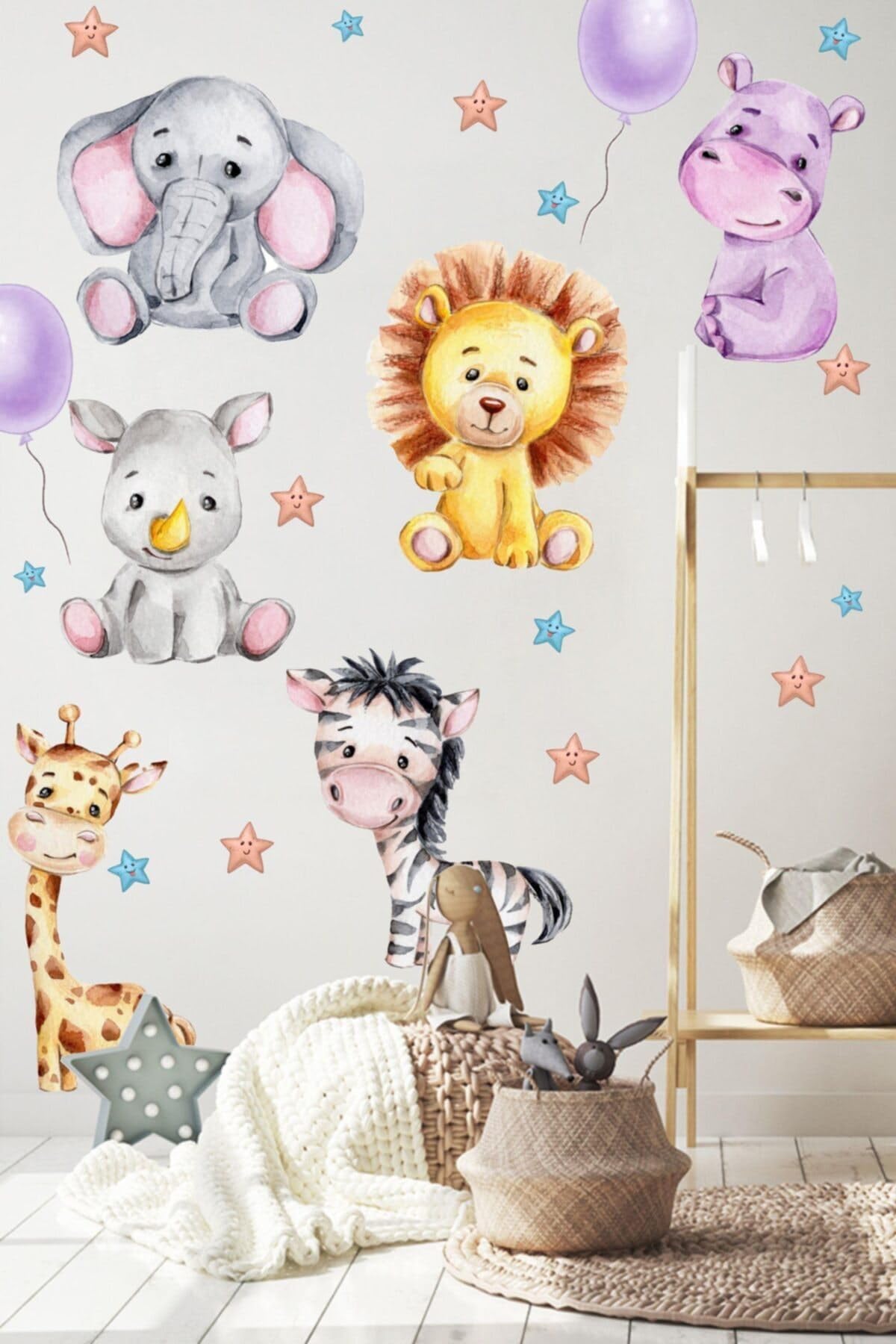 MSticker-Sevimli Hayvanlar Balon Ve Yıldızlar Çocuk Bebek Odası Sticker Seti