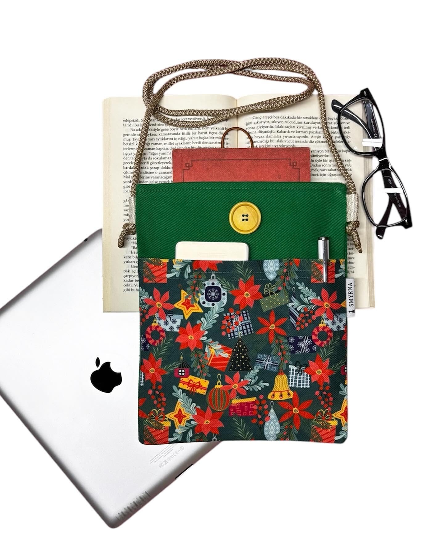 Askılı Kitap/Tablet/Ebook Çantası – Kılıfı (Turuncu - Kırmız - Yeşil Çiçekler)