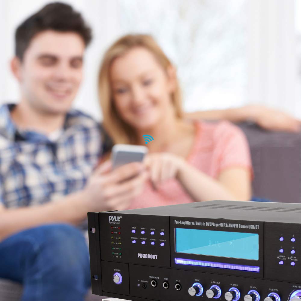 Ev Sineması Bluetooth Amplifikatör Alıcısı - 4 Kanal 3000 Watt Stereo Hoparlör Ev Ses Amplifikatörü Alıcısı Radyo, USB, 2 Mikrofon w/Echo, CD DVD Oynatıcı, LCD, Raf Montajlı - Pyle PD3000BT.5