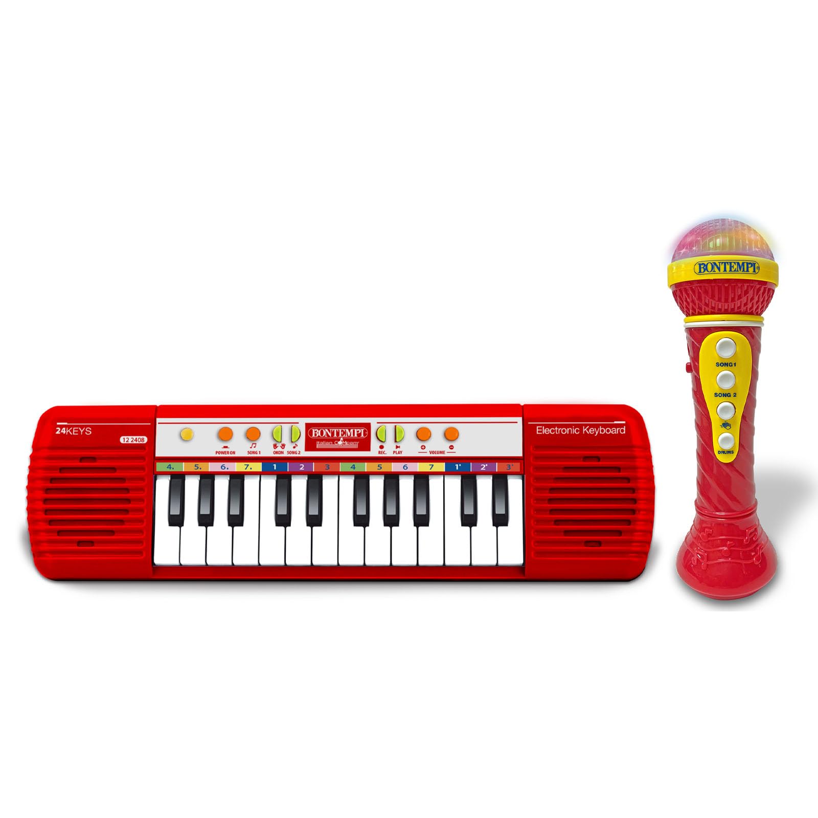 Bontempi Elektronik Karaoke Seti, 24 Tuşlu Işıklı Org ve Mikrofon, Müzik Eğitim Seti, 3+ Yaş (Kırmızı)