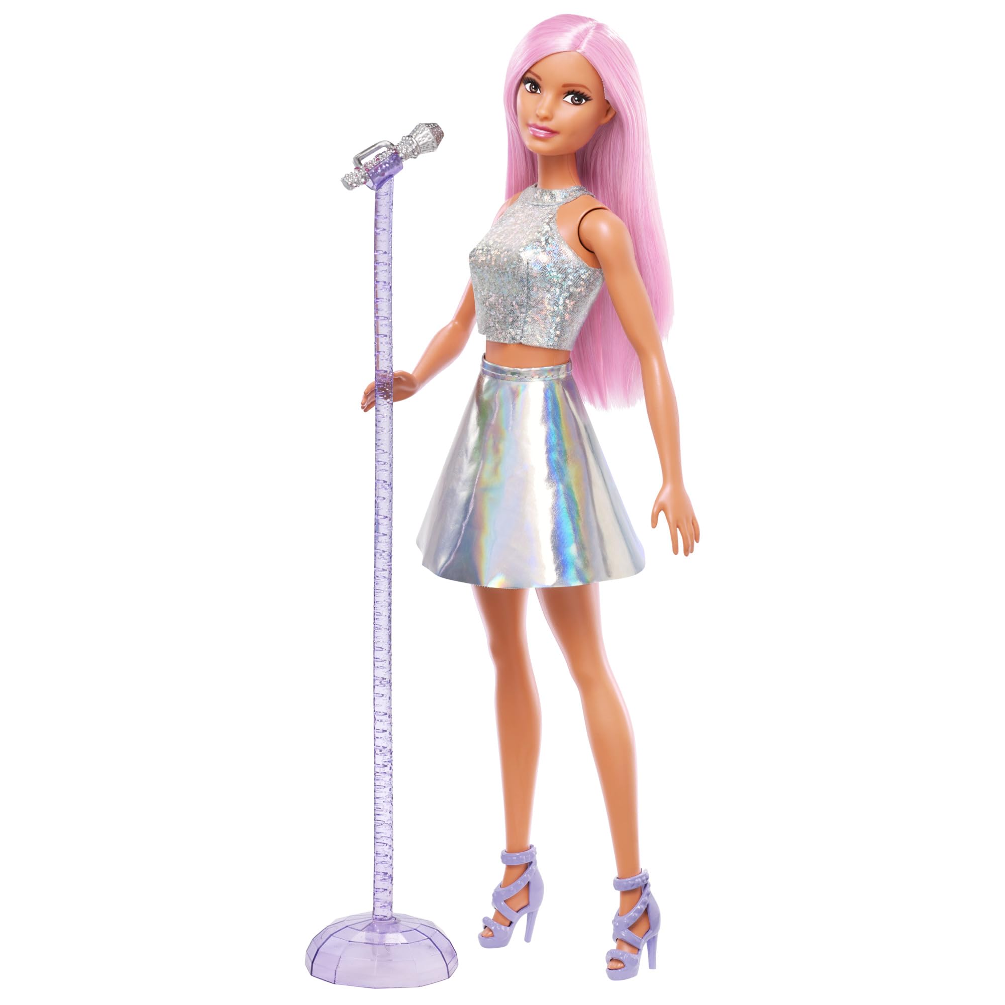 Barbie Pop Yıldızı Bebek ve mikrofon Parlak etek giyen, pembe saçlı, 3-7 yaş arası için hediye, JCW42