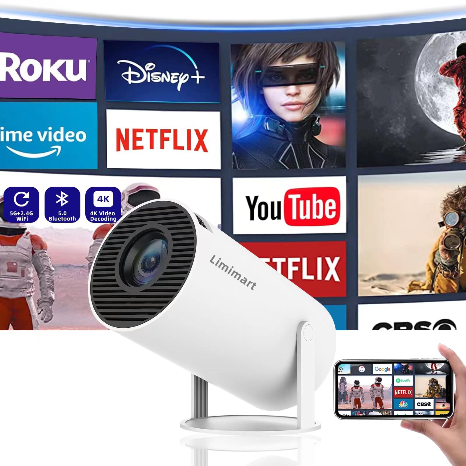 Limimart 5G WiFi Projektör, 4K Destek, 130 '' Ekranlı 5.0 Bluetooth Hoparlör, Otomatik Keystone Düzeltme, Android/iOS/Windows/TV Stick/HDMI/USB/Ses 3.5 ile Uyumlu