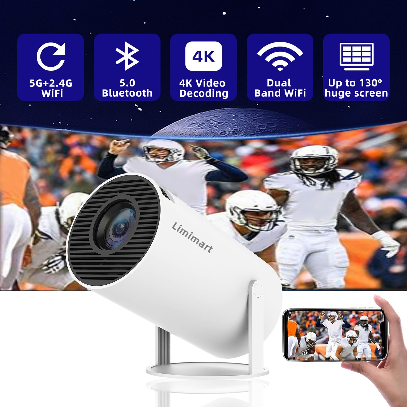 Limimart 5G WiFi Projektör, 4K Destek, 130 '' Ekranlı 5.0 Bluetooth Hoparlör, Otomatik Keystone Düzeltme, Android/iOS/Windows/TV Stick/HDMI/USB/Ses 3.5 ile Uyumlu
