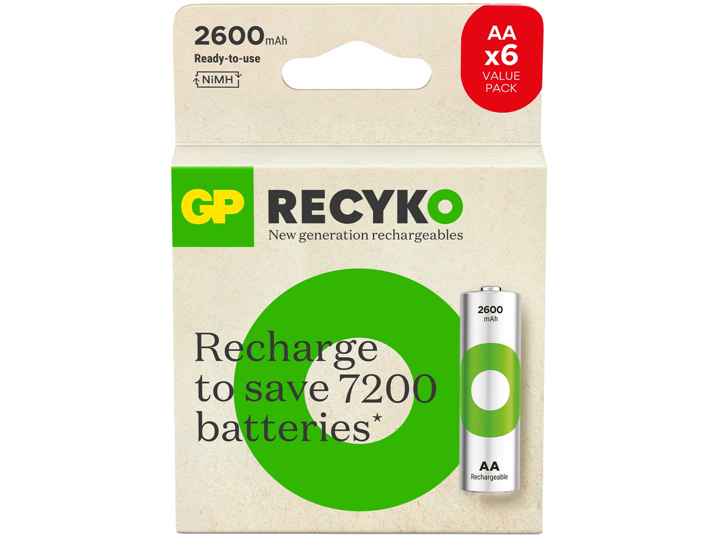 GP Batteries ReCyko 2600mAh AA Kalem Ni-Mh Şarjlı Pil, 1.2 Volt, 6'lı Kart