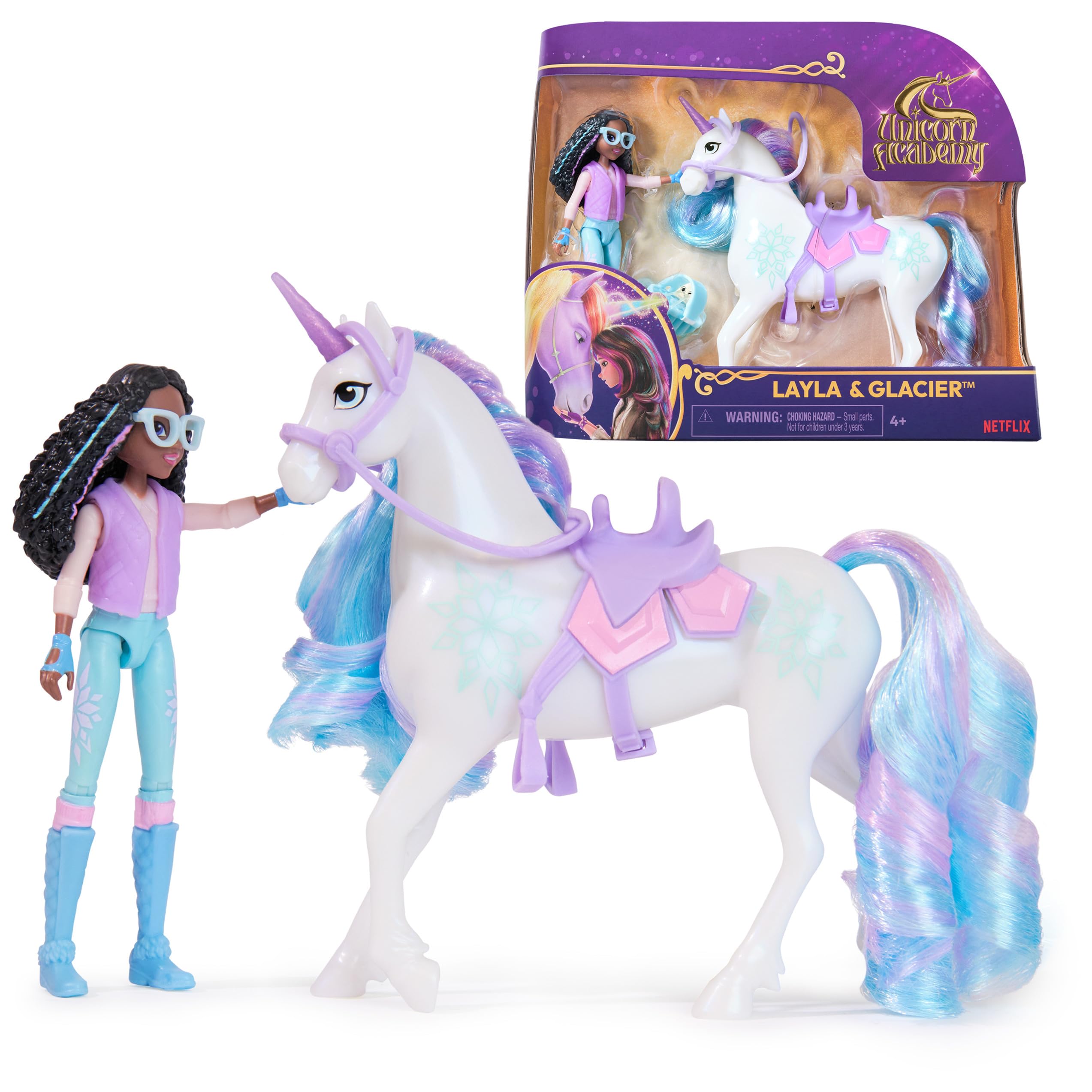 Unicorn Academy Layla ve Tek Boynuzlu At Glacier seti – Sevilen Netflix dizisinden yaklaşık 12 cm orijinal figürler, 4 yaş+ için