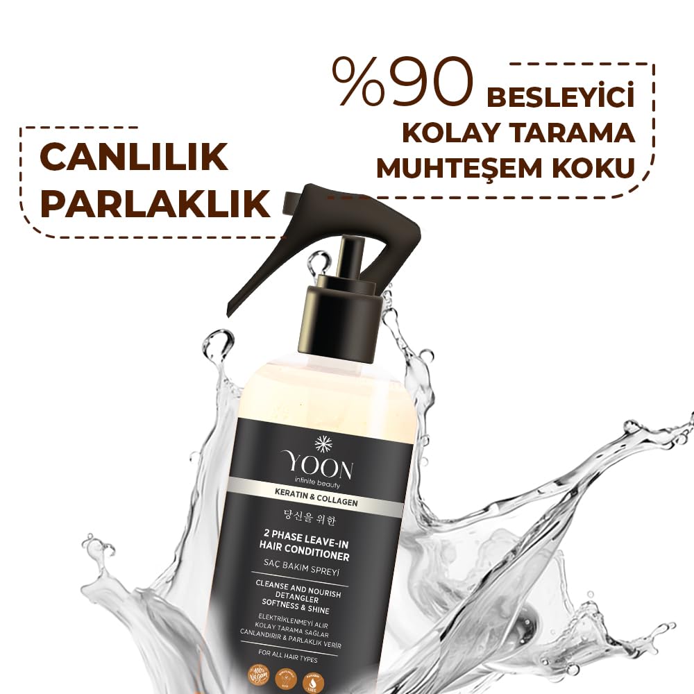YOON Elektriklenme Önleyici ve Kolay Tarama Spreyi, Kolajen & Keratin İçeren Saç Spreyi, Paraben ve Sülfat İçermeyen Vegan Saç Bakım Spreyi 250ml