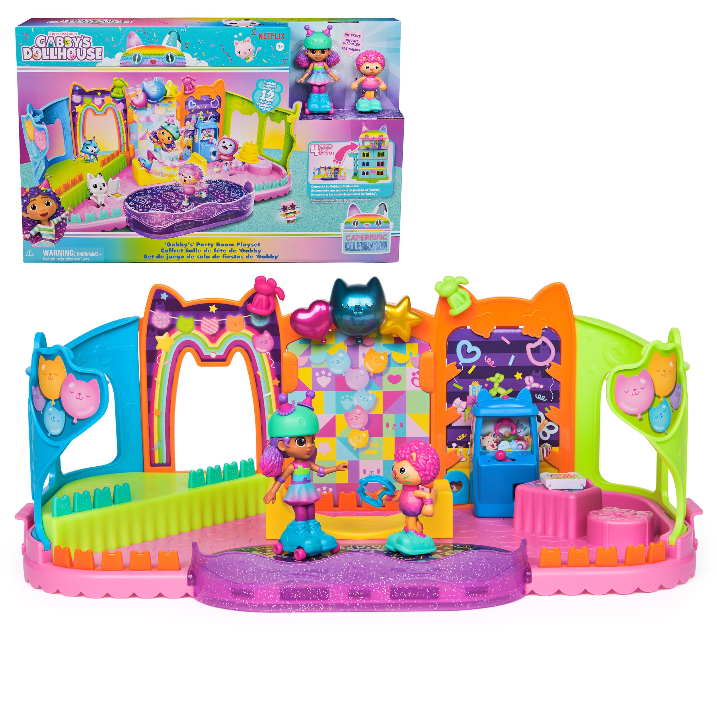 Gabby's Dollhouse, parti odası oyun seti, Gabby ve Marty figürlü kaykay parkı çatı katı odası, mobilya ve aksesuarlar, 3 yaş ve üzeri