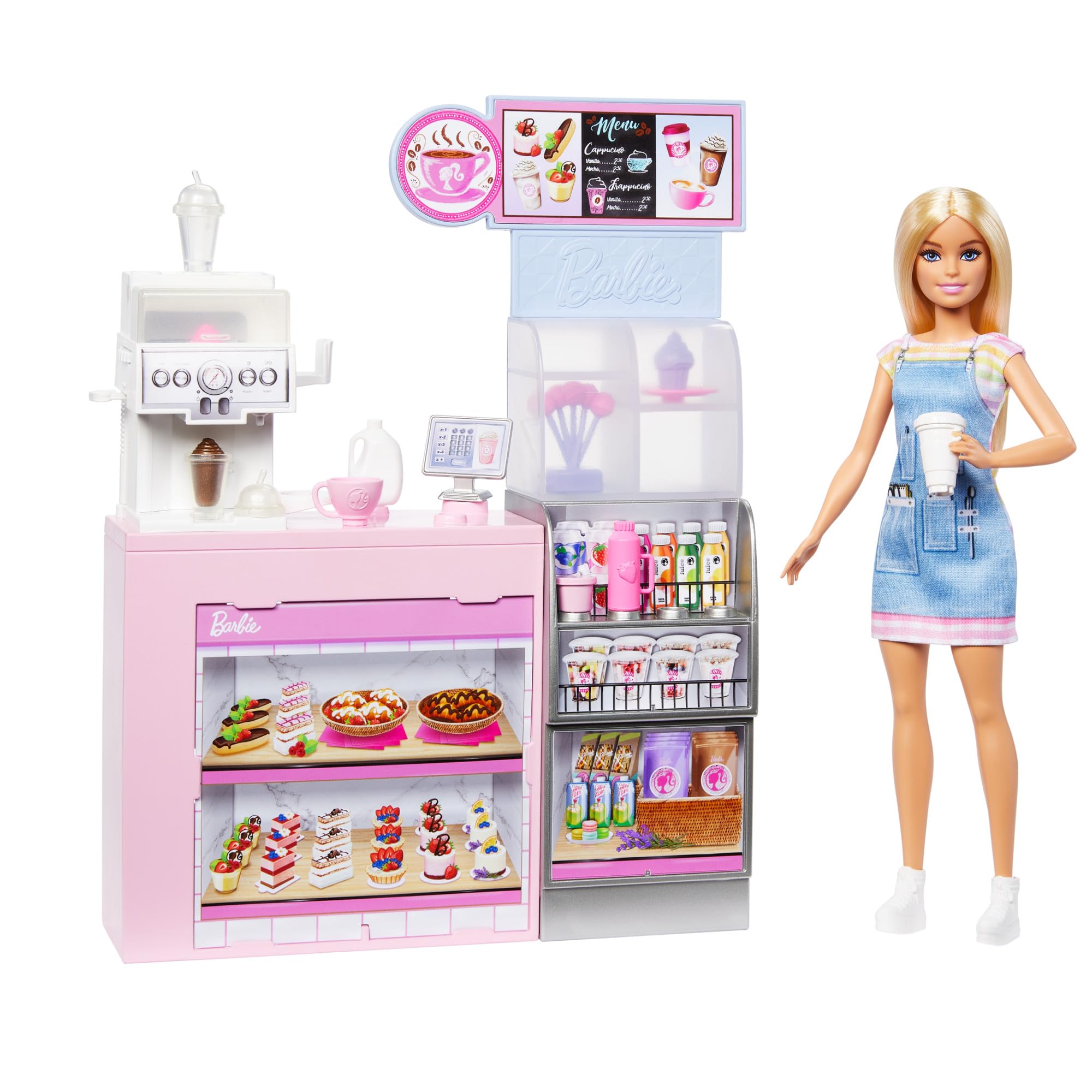 Barbie'nin Kahve Dükkanı Barbie'nin Kahve Dükkanı oyun seti sarışın barista Barbie, kahve makinesi ve 10'dan fazla aksesuar HXN94