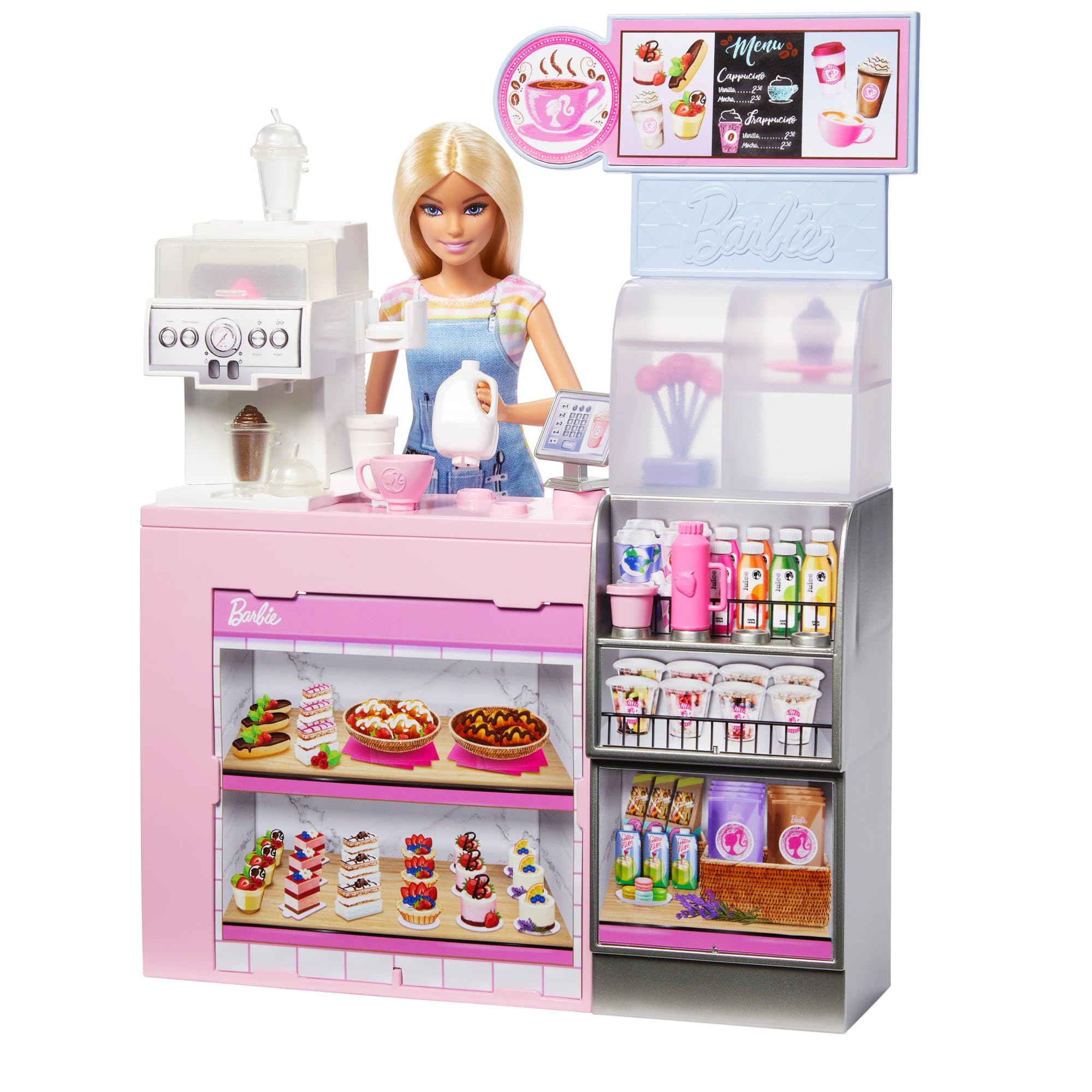 Barbie'nin Kahve Dükkanı Barbie'nin Kahve Dükkanı oyun seti sarışın barista Barbie, kahve makinesi ve 10'dan fazla aksesuar HXN94