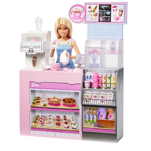 Barbie'nin Kahve Dükkanı Barbie'nin Kahve Dükkanı oyun seti sarışın barista Barbie, kahve makinesi ve 10'dan fazla aksesuar HXN94