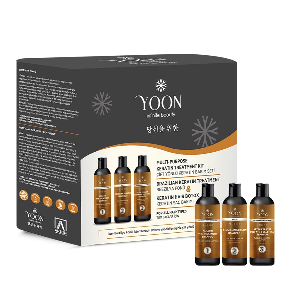 YOON Evde Brezilya Fönü & Keratin Botoksu, Kokusuz ve Dumansız Saç Düzleştirme, Yoğun Keratin Bakımı, Koruma Onarma ve Beslemeye Yardımcı Çift Yönlü Yoğun Saç Bakım Seti 3x100ml