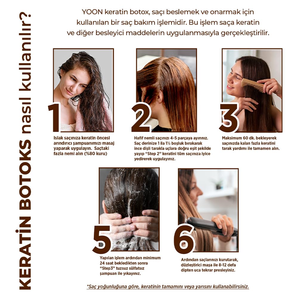 YOON Evde Brezilya Fönü & Keratin Botoksu, Kokusuz ve Dumansız Saç Düzleştirme, Yoğun Keratin Bakımı, Koruma Onarma ve Beslemeye Yardımcı Çift Yönlü Yoğun Saç Bakım Seti 3x100ml