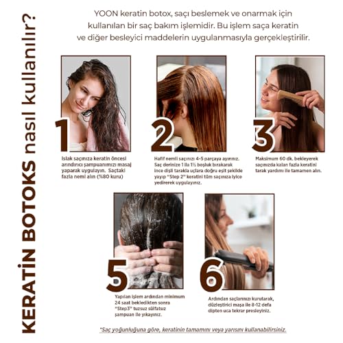 YOON Evde Brezilya Fönü & Keratin Botoksu, Kokusuz ve Dumansız Saç Düzleştirme, Yoğun Keratin Bakımı, Koruma Onarma ve Beslemeye Yardımcı Çift Yönlü Yoğun Saç Bakım Seti 3x100ml