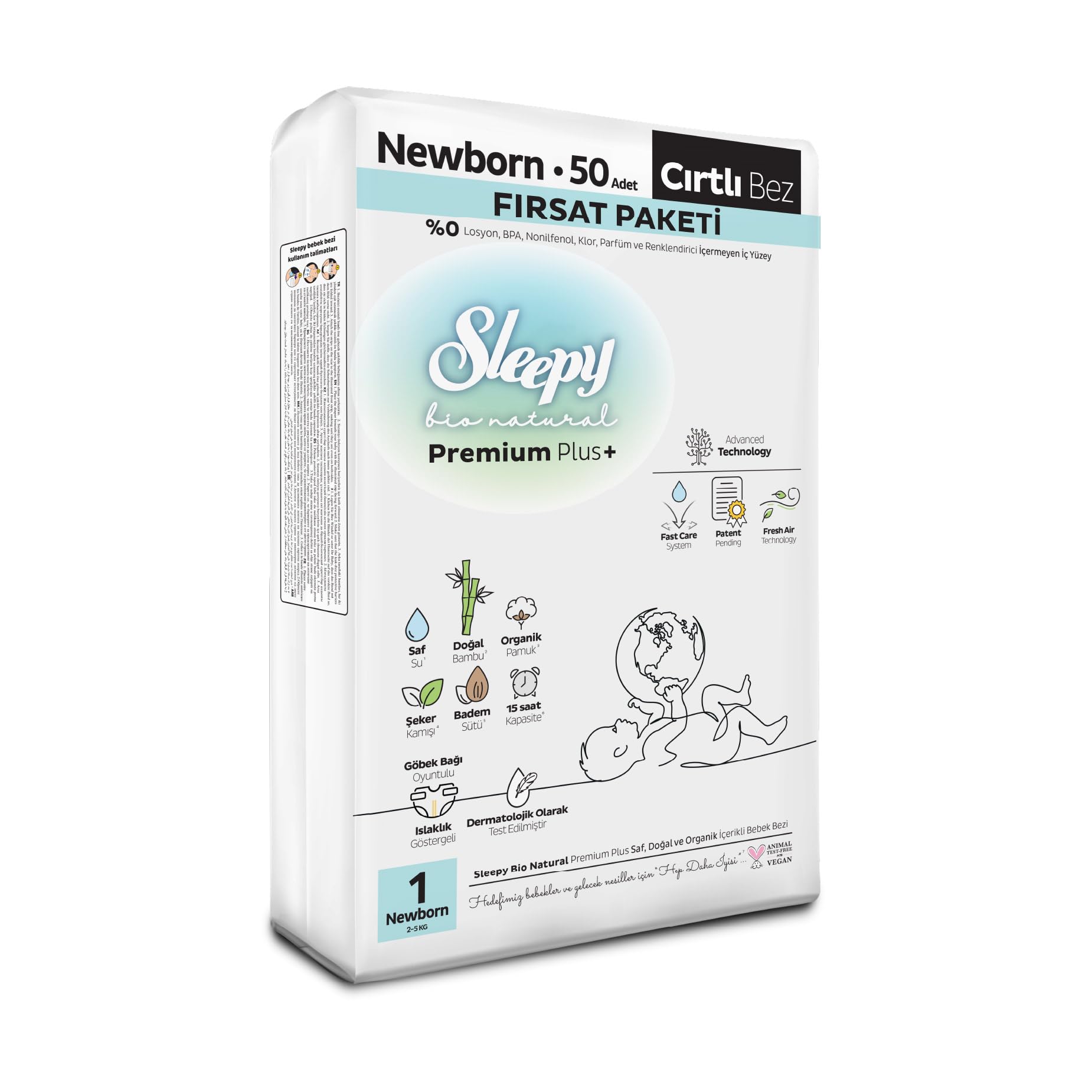 Sleepy Bio Natural Premium Plus Fırsat Paketi Bebek Bezi 1 Numara Newborn 50 Adet