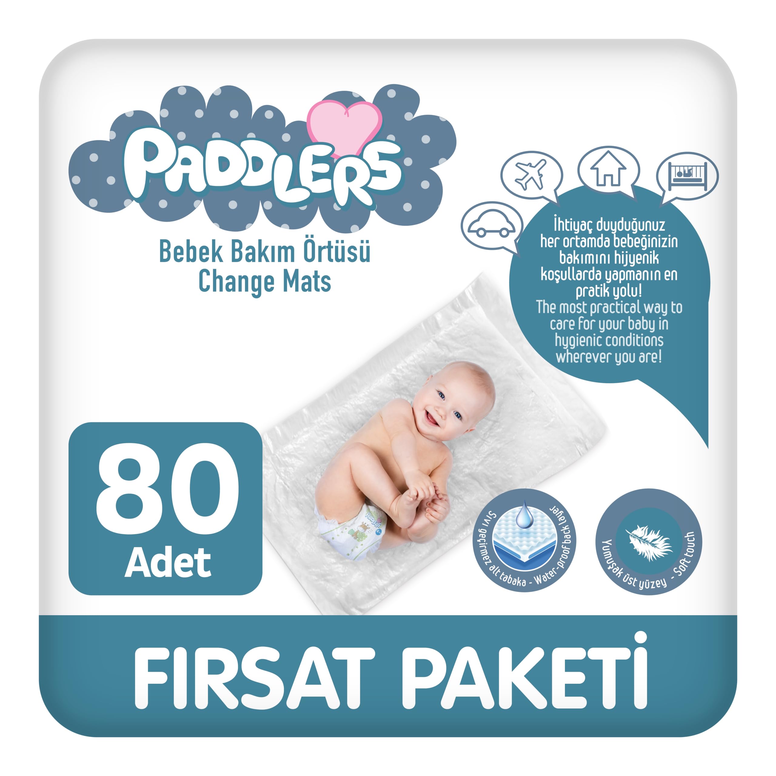 Paddlers Bebek Bakım Örtüsü 60x60 cm 80 Adet (8 Paket x 10’lu) Yatak Koruyucu