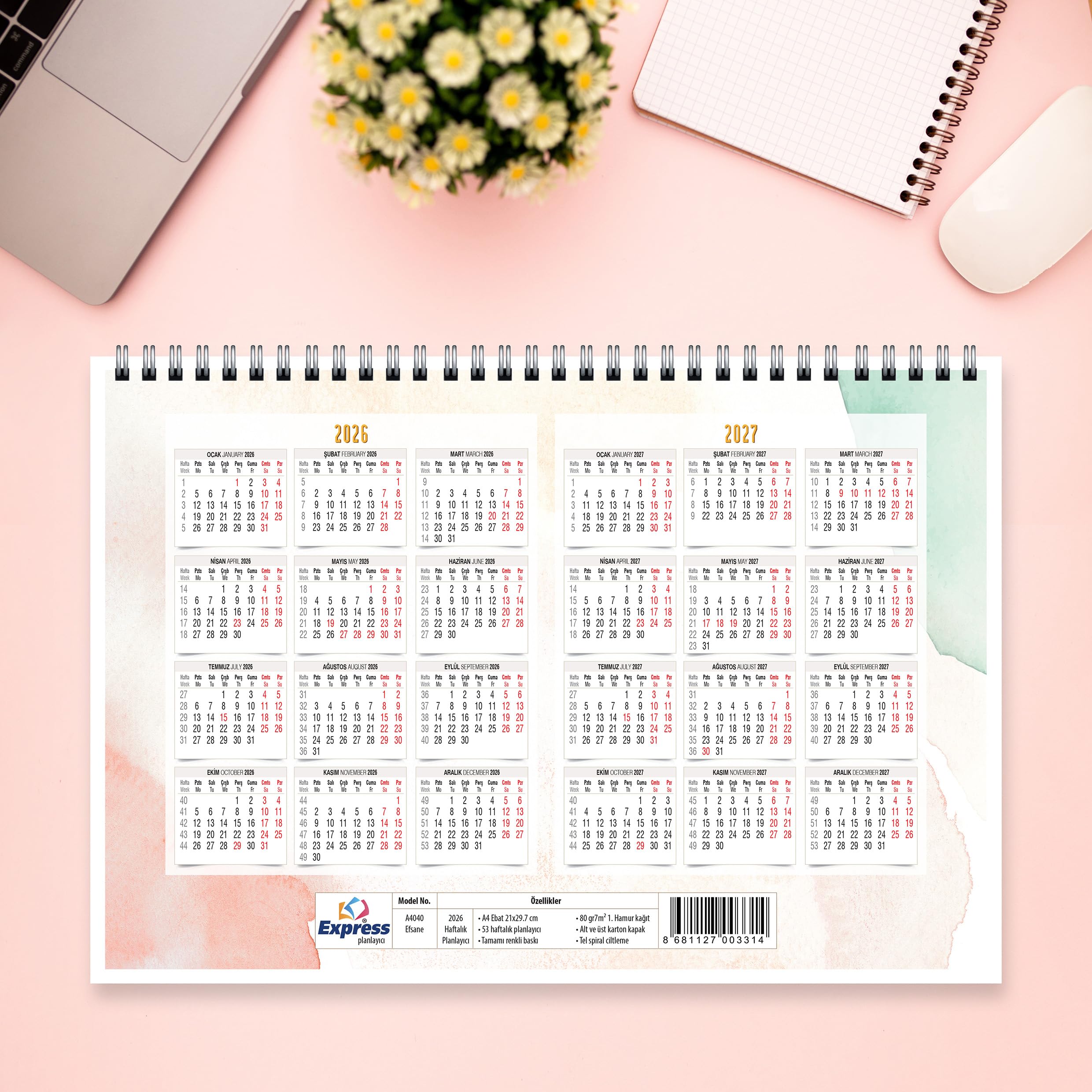 Express planlayıcı 2026 Takvim A4 Ebat 53 Haftalık Planlayıcı Efsane 21x29,7 cm