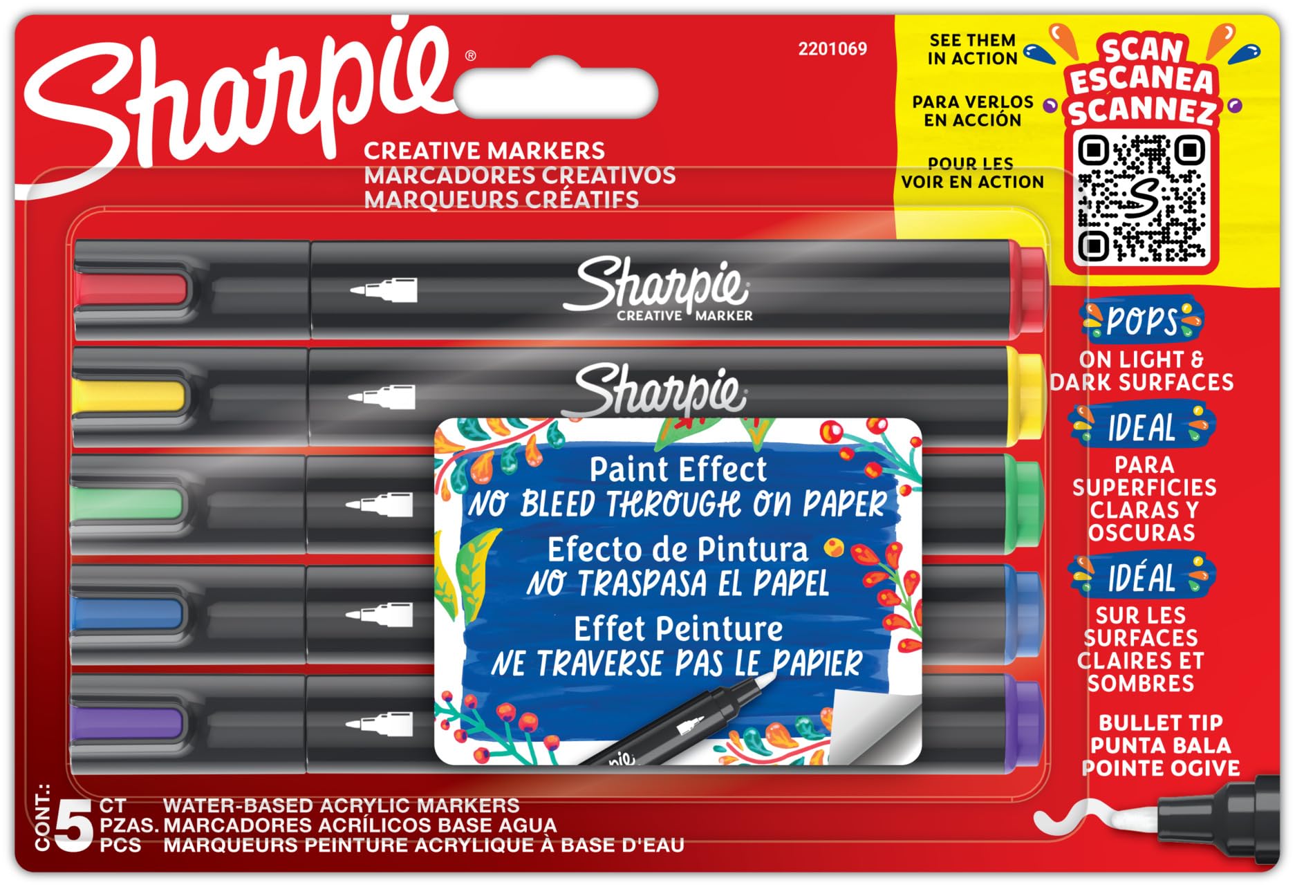 SHARPIE Creative Marker Akrilik Boya Kalemleri | Yuvarlak Uçlu Su Bazlı Boya Kalemi | Mürekkep Kağıda Geçirmez ve Çoğu Yüzey Üzerine Yazar | 5 Adet
