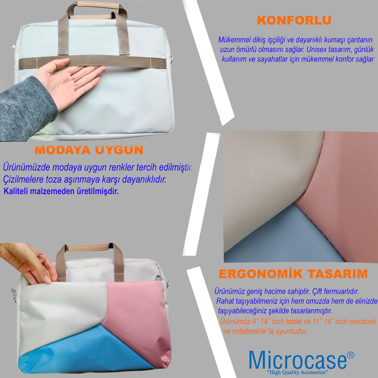 Microcase 9'' 14'' Inç Tablet, Macbook, Notebook 2 Bölmeli Omuz Askılı Ve El Tutacaklı Taşıma Çantas