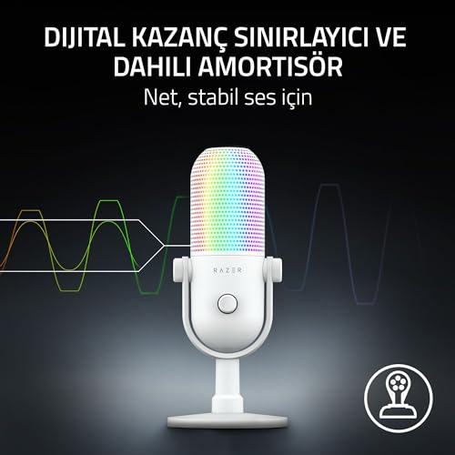 Razer Seiren V3 Chroma - RGB USB Mikrofon - Tap-to-Mute özellikli Süperkardioid Kondenser Mikrofon (Reaktif Aydınlatma, Dijital Kazanç Sınırlayıcı ve Entegre Darbe Emici) Beyaz