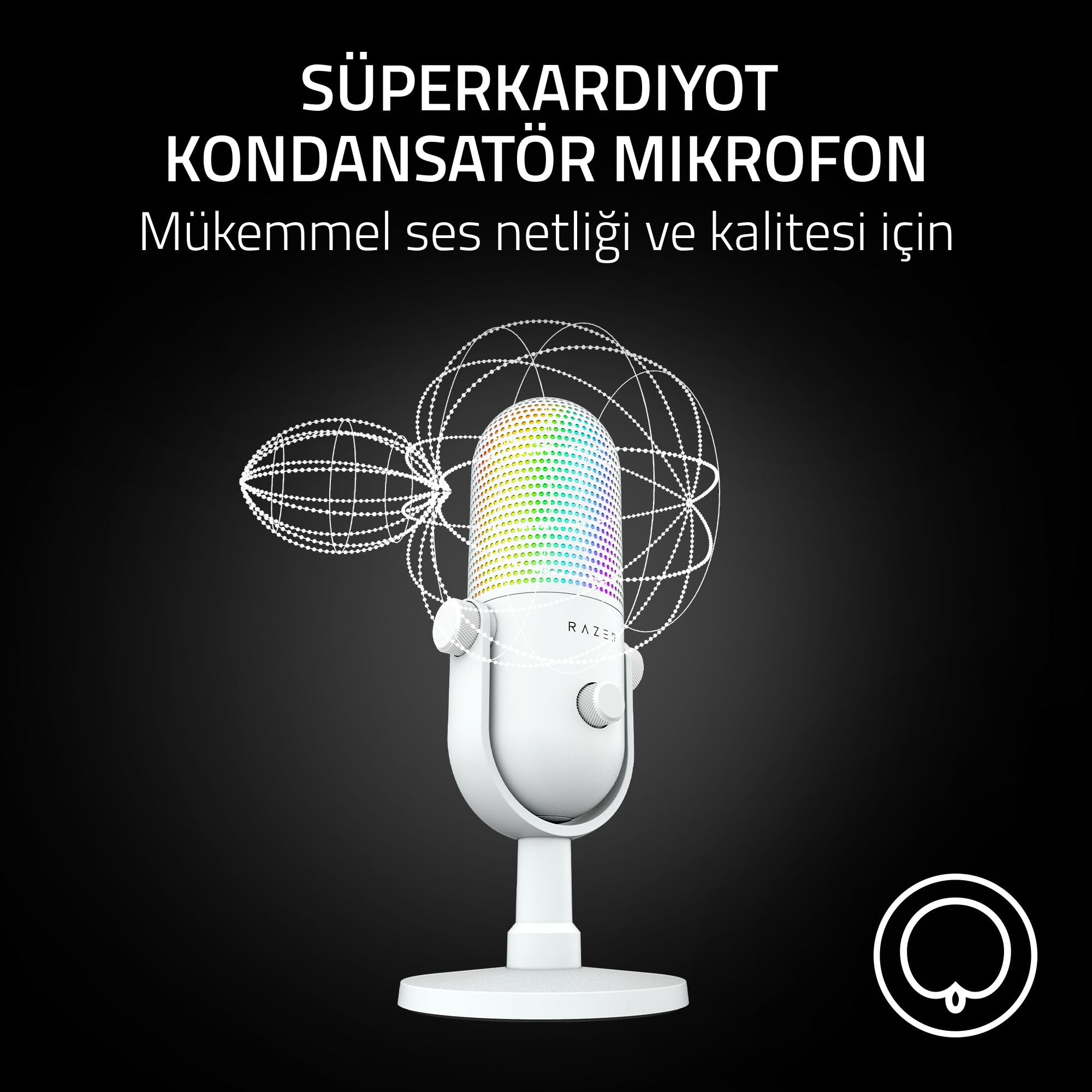 Razer Seiren V3 Chroma - RGB USB Mikrofon - Tap-to-Mute özellikli Süperkardioid Kondenser Mikrofon (Reaktif Aydınlatma, Dijital Kazanç Sınırlayıcı ve Entegre Darbe Emici) Beyaz