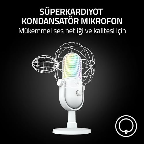 Razer Seiren V3 Chroma - RGB USB Mikrofon - Tap-to-Mute özellikli Süperkardioid Kondenser Mikrofon (Reaktif Aydınlatma, Dijital Kazanç Sınırlayıcı ve Entegre Darbe Emici) Beyaz