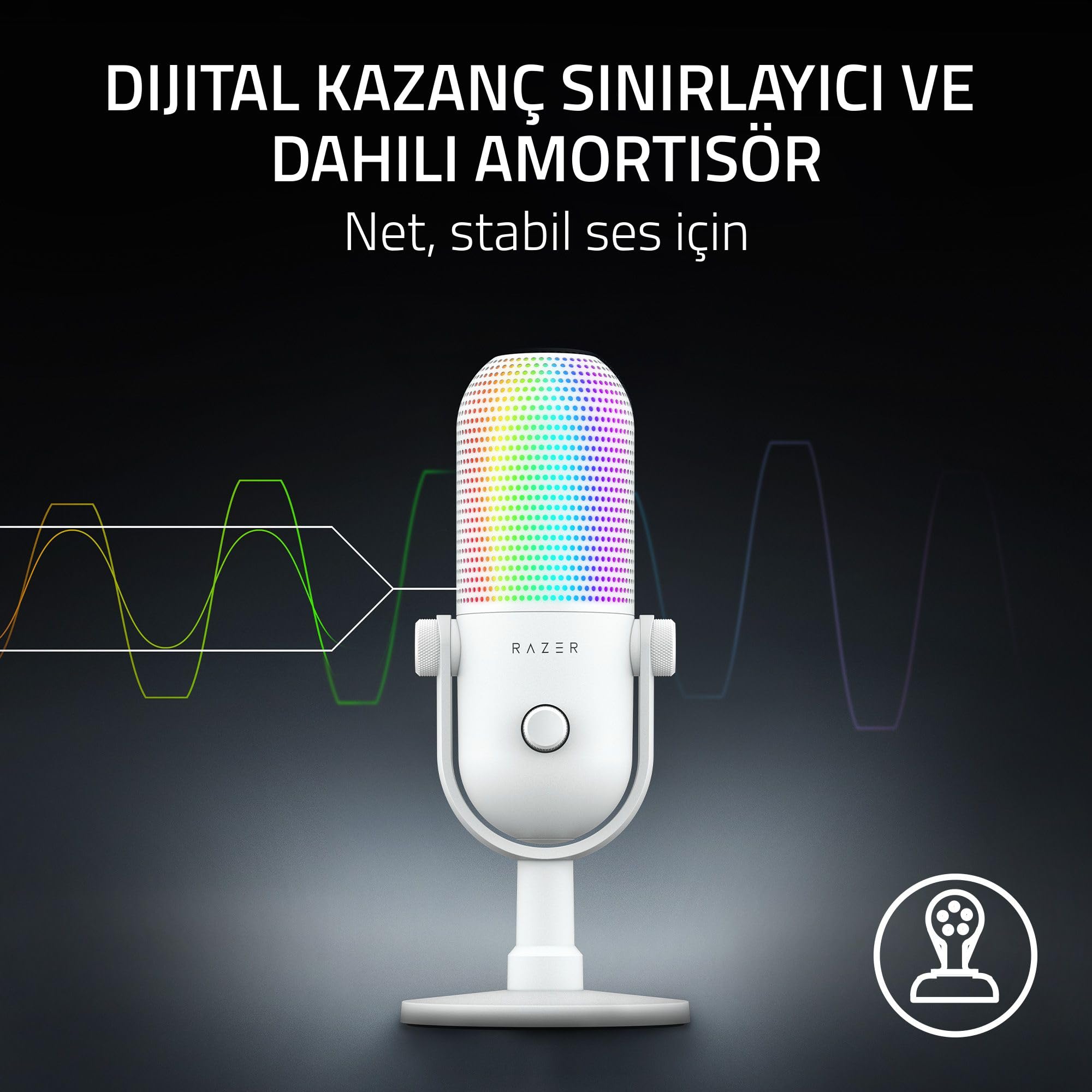 Razer Seiren V3 Chroma - RGB USB Mikrofon - Tap-to-Mute özellikli Süperkardioid Kondenser Mikrofon (Reaktif Aydınlatma, Dijital Kazanç Sınırlayıcı ve Entegre Darbe Emici) Beyaz