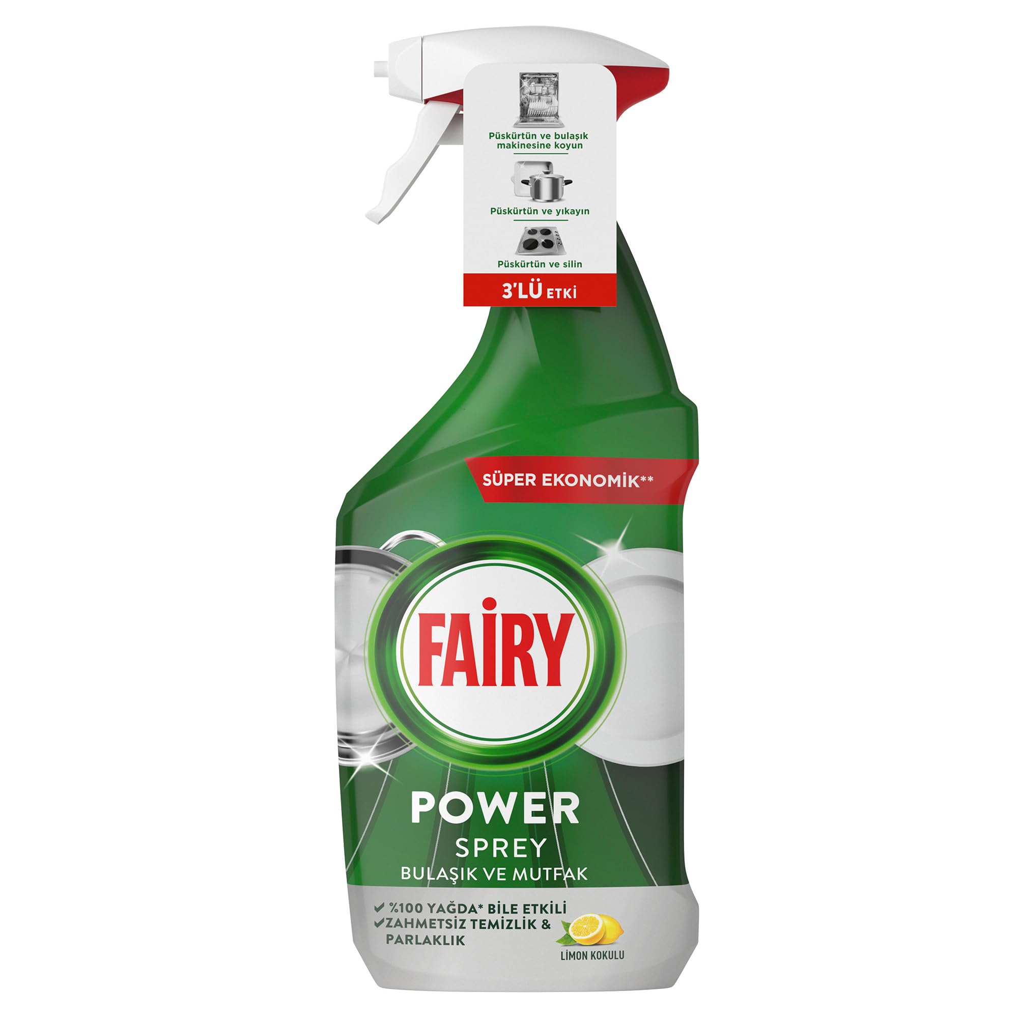 Fairy Power Sprey, 3'ü 1 arada, Bulaşıklarınız Ve Mutfağınız Için Zahmetsiz Temizlik Ve Parlaklık, Limon Kokulu, 800ml