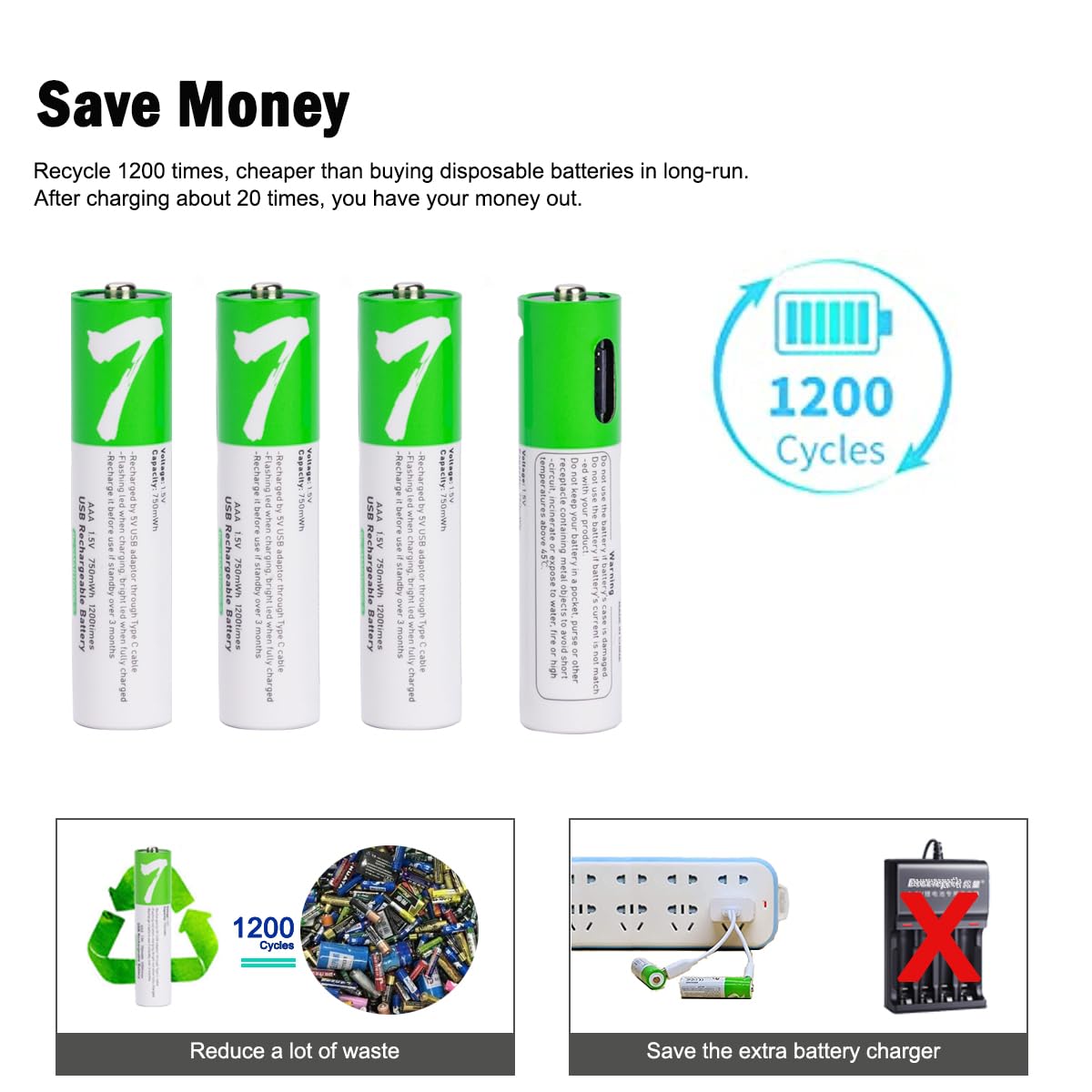 USB AAA Lityum iyon Şarj Edilebilir Pil, 1.5V 750mWh Şarj Edilebilir AAA Pil, 1 H Hızlı Şarj, C Tipi Bağlantı Noktası Kablosu ile 1200 Döngü, Sabit Çıkış, 8'li Paket