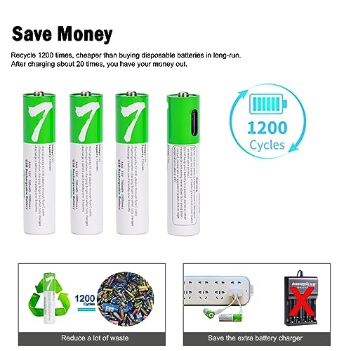 USB AAA Lityum iyon Şarj Edilebilir Pil, 1.5V 750mWh Şarj Edilebilir AAA Pil, 1 H Hızlı Şarj, C Tipi Bağlantı Noktası Kablosu ile 1200 Döngü, Sabit Çıkış, 8'li Paket