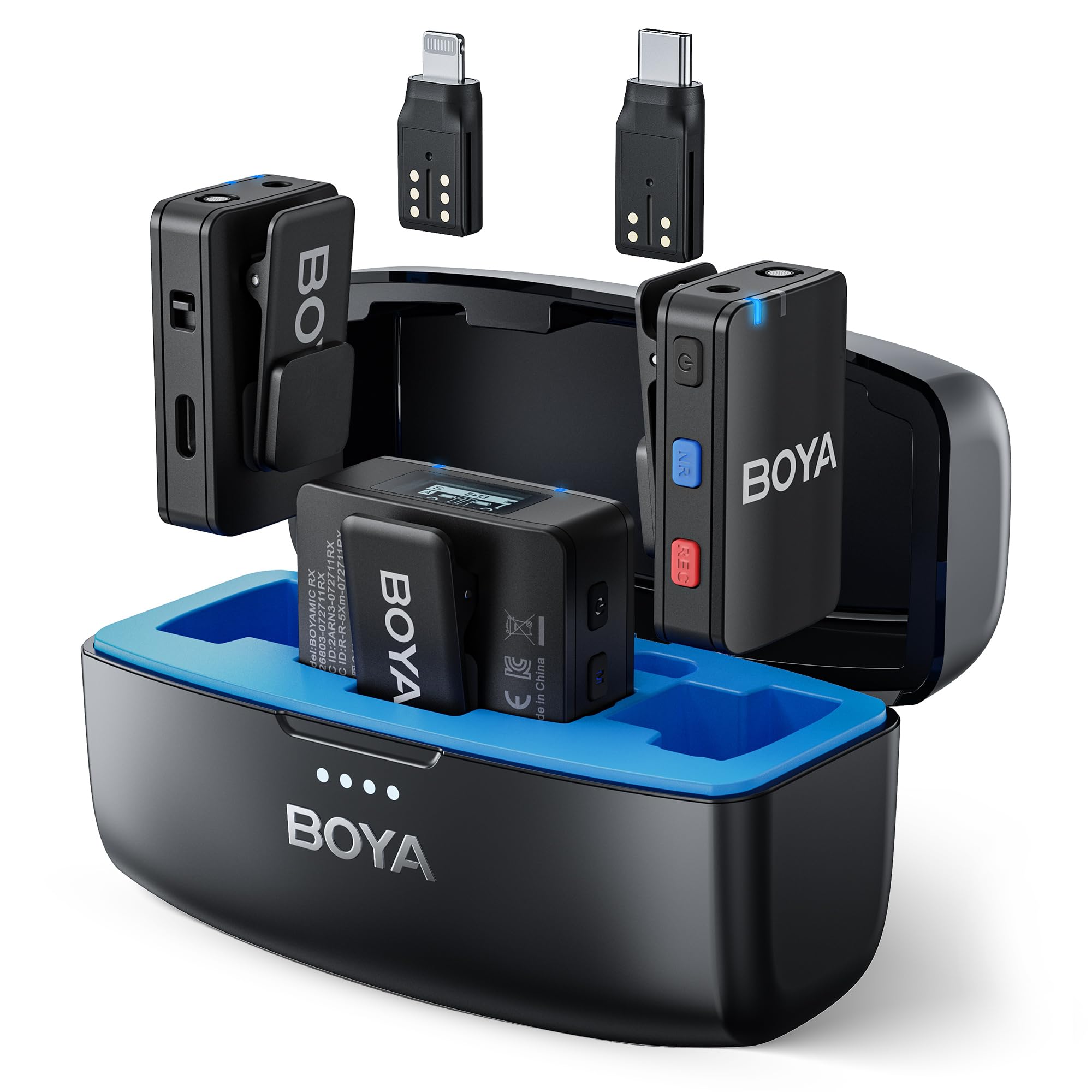 BOYA MFi Sertifikalı Lightning & USB-C ile MIC Kablosuz Yaka Mikrofon, Yerleşik Kayıt, 300M (950 ft.) Menzil, 50 Saat Pil Ömrü, Gürültü Engelleme, iPhone, Android, PC için Kablosuz Mikrofon