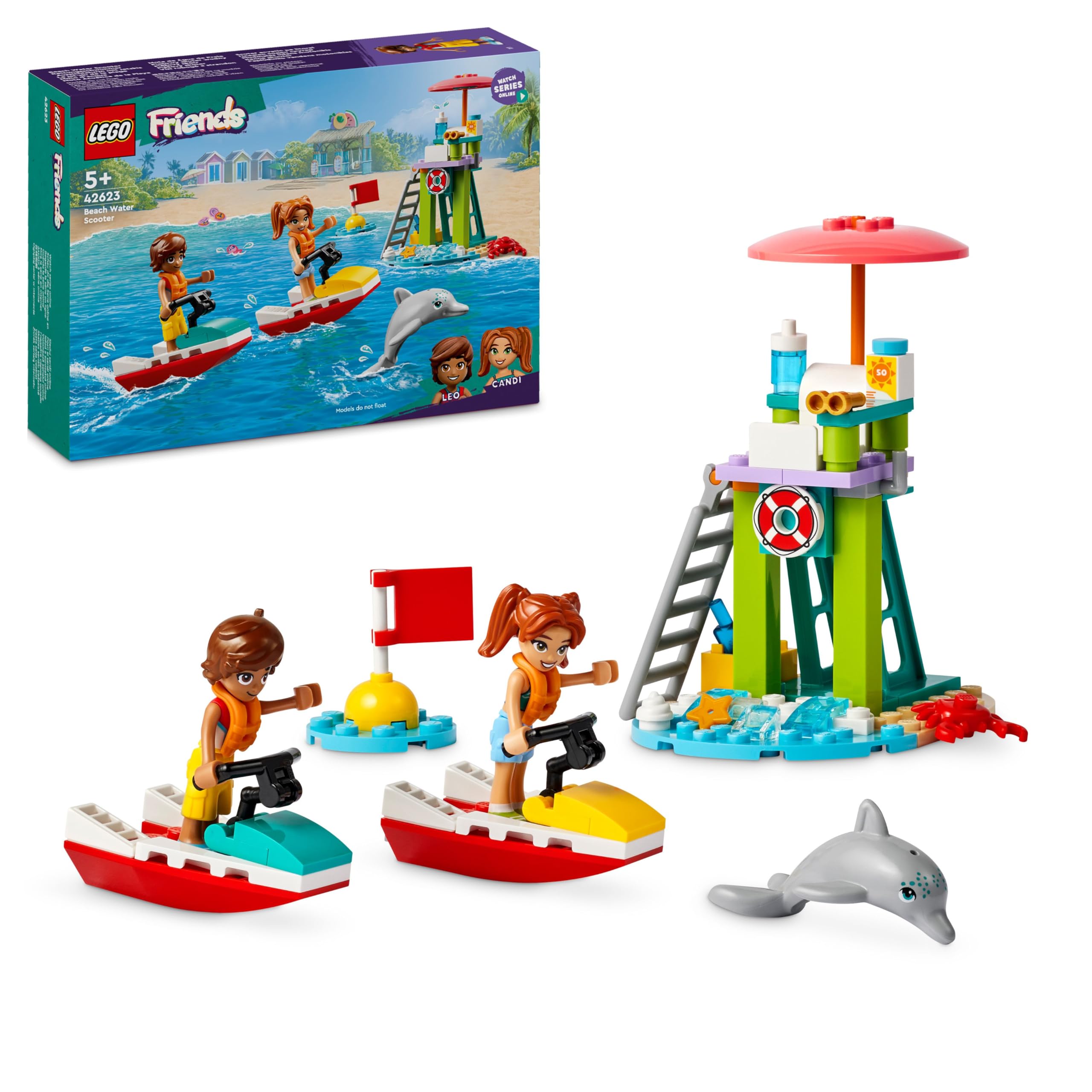 LEGO Friends Plaj Su Motoru 42623 – 5 Yaş ve Üzeri Kız ve Erkek Çocuklar için Yılbaşı Hediyesi Fikri, 2 Mini Bebek, 1 Yunus Figürü ve Aksesuarlar İçeren Yaratıcı Oyuncak Yapım Seti (84 Parça)