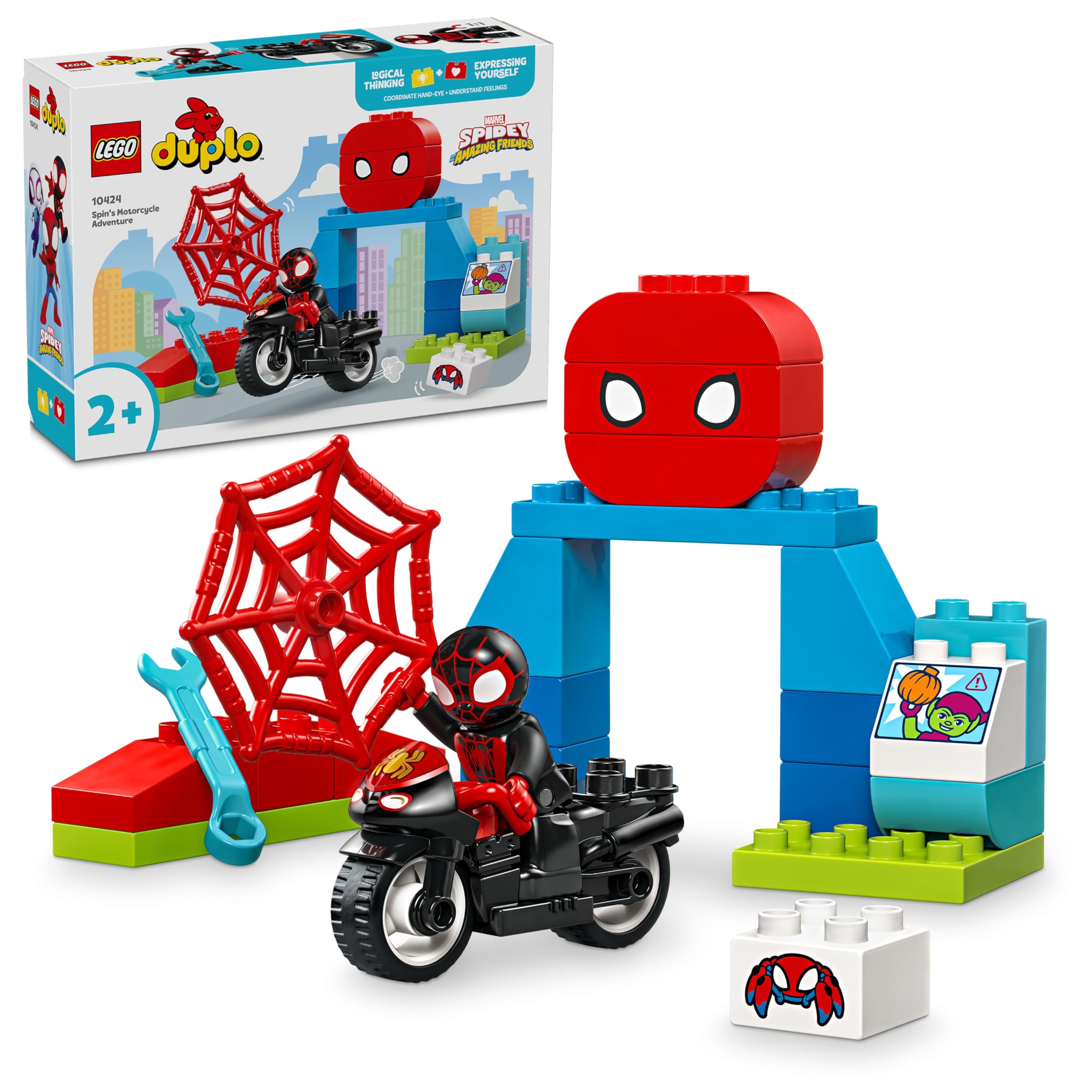 LEGO DUPLO Spin’in Motosiklet Macerası 10424, 2 Yaş ve Üzeri Çocuklar İçin Örümcek Adam Figürü İçeren Eğitici Oyuncak Yapım Seti (24 Parça)