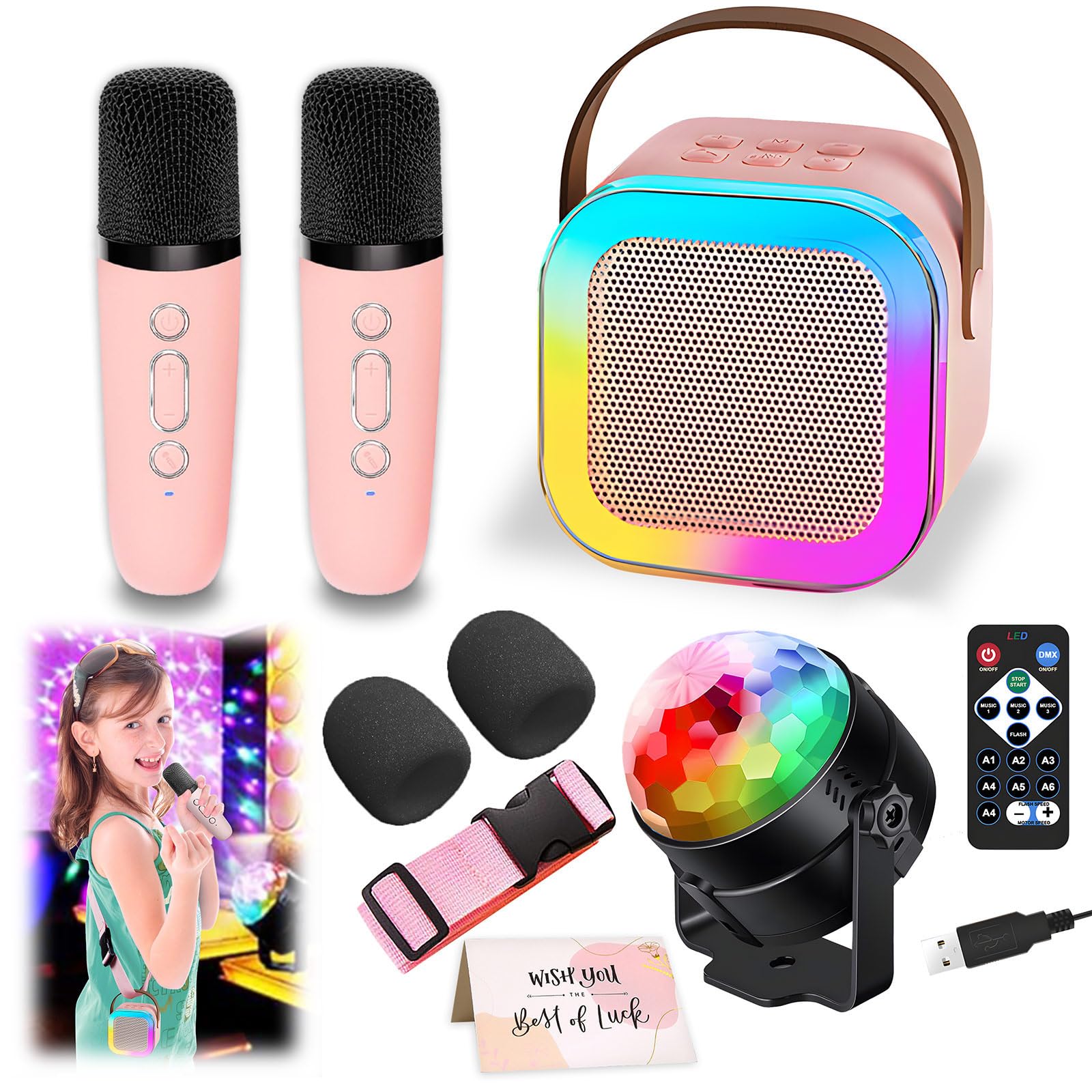 DEABOLAR Çocuklar için Karaoke Makinesi, Taşınabilir Bluetooth Hoparlör, 2 Kablosuz Mikrofonlu 1 Disko Topu Strobe Lambası 7 Modlu Sahne Işığı Ev Odası Dans Partileri Doğum Günü için