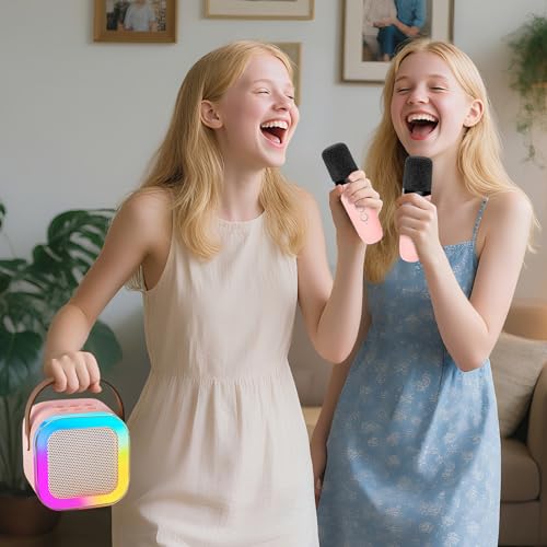 DEABOLAR Çocuklar için Karaoke Makinesi, Taşınabilir Bluetooth Hoparlör, 2 Kablosuz Mikrofonlu 1 Disko Topu Strobe Lambası 7 Modlu Sahne Işığı Ev Odası Dans Partileri Doğum Günü için