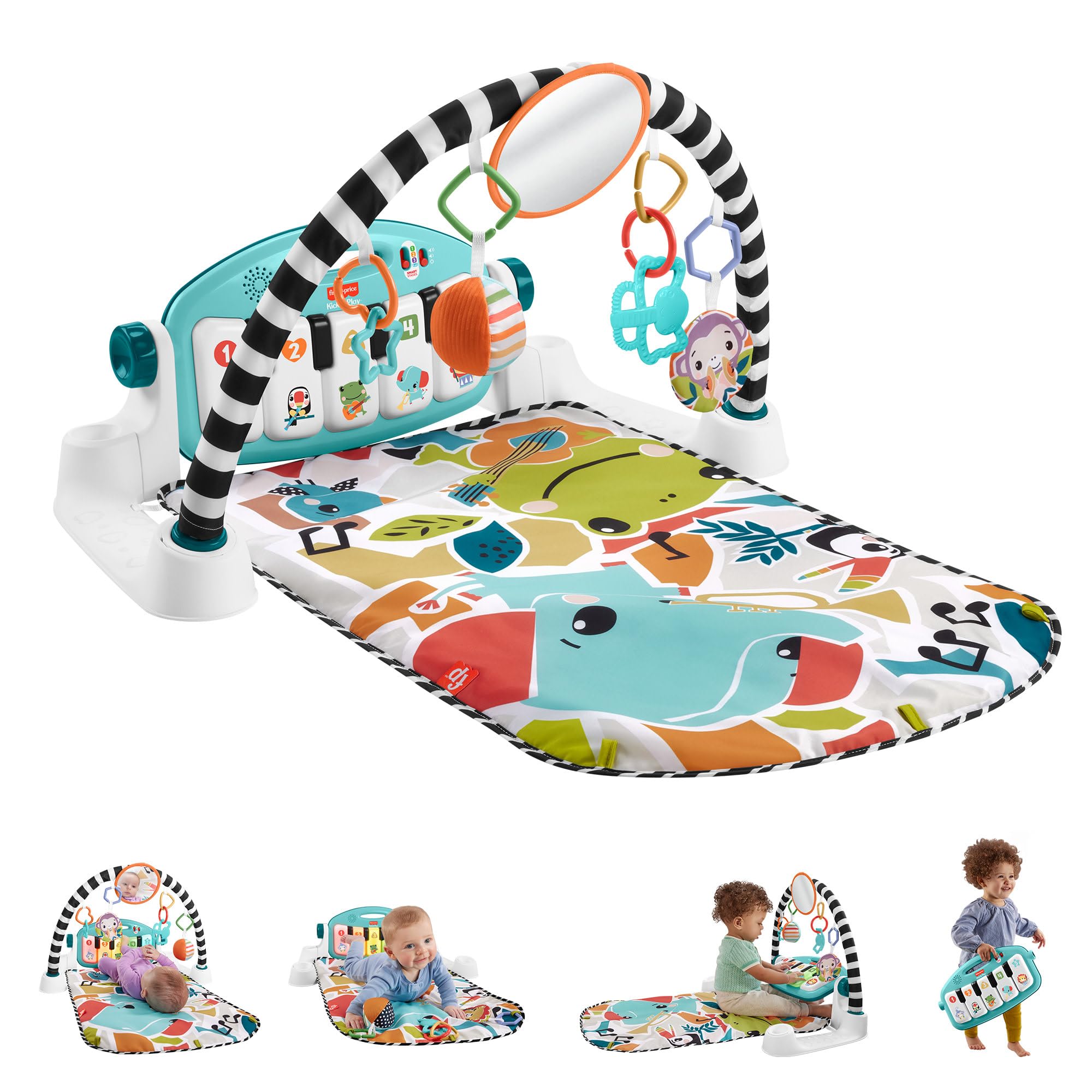 Fisher-Price Bebekler için Yaşa Göre Gelişim özellikli ve Türkçe dil destekli mavi Fisher-Price Neşeli Hayvanlar Müzikli oyun minderi ve piyanolu jimnastik merkezi, taşınabilir müzik oyuncağı, HWY49