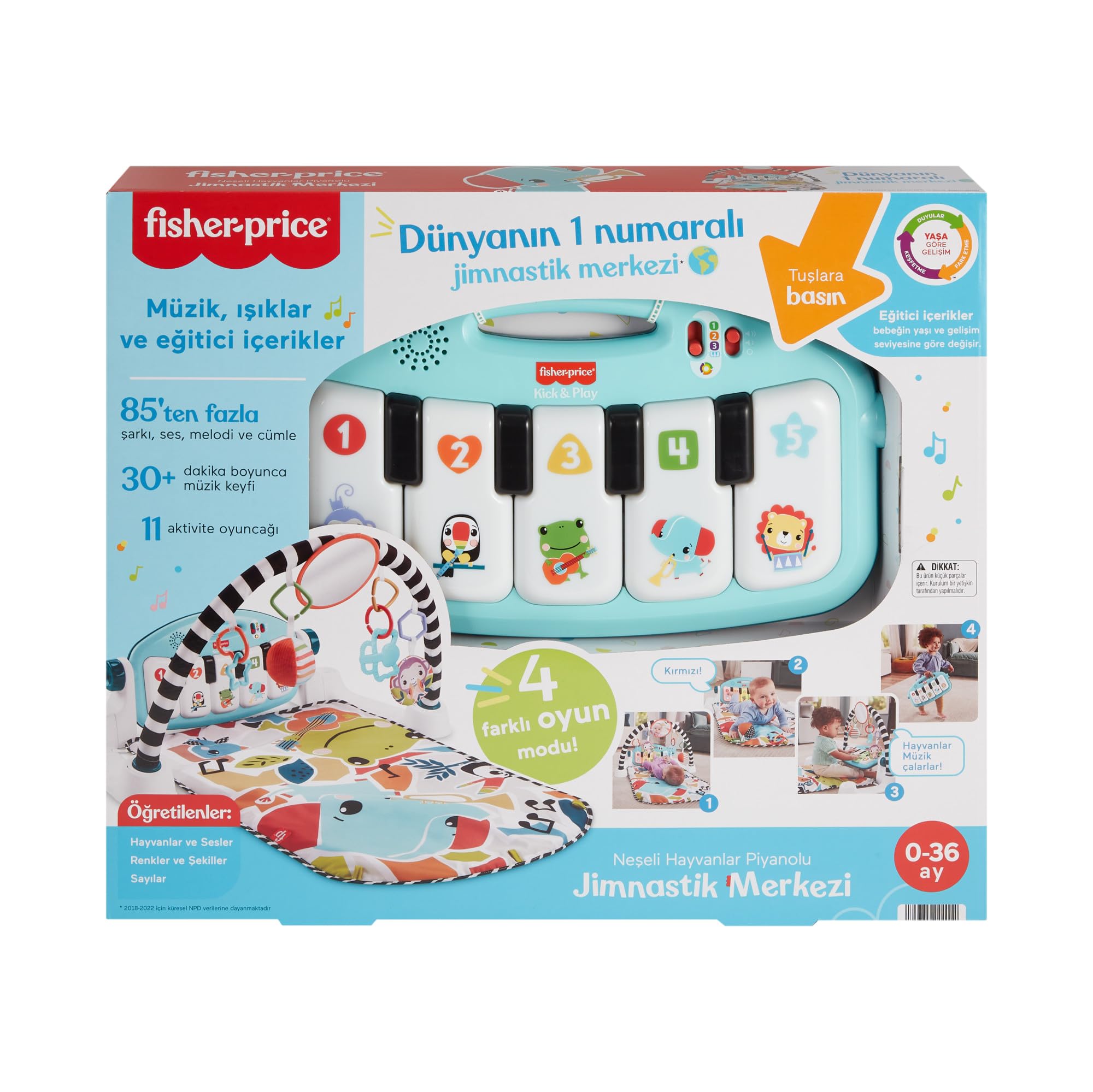 Fisher-Price Bebekler için Yaşa Göre Gelişim özellikli ve Türkçe dil destekli mavi Fisher-Price Neşeli Hayvanlar Müzikli oyun minderi ve piyanolu jimnastik merkezi, taşınabilir müzik oyuncağı, HWY49