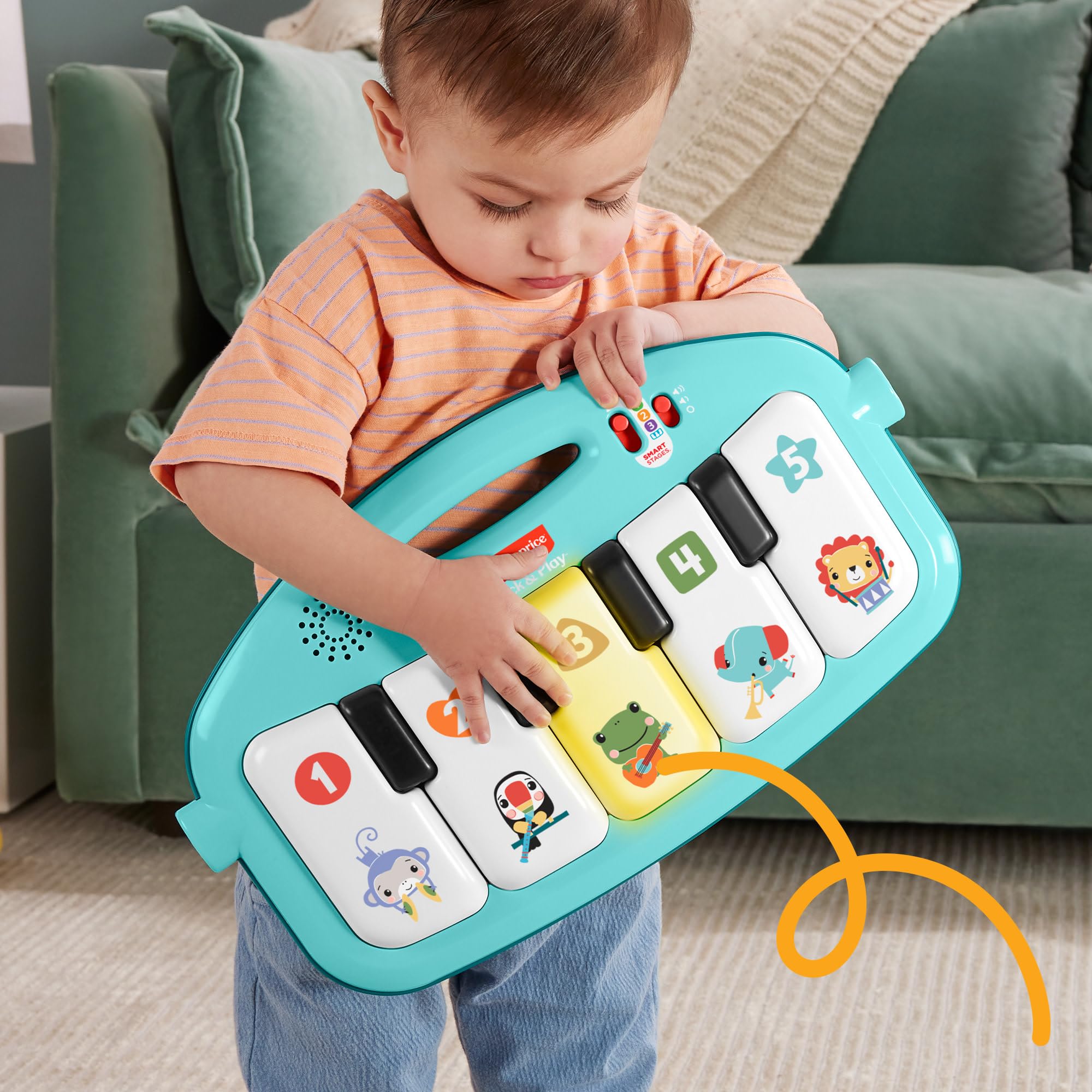 Fisher-Price Bebekler için Yaşa Göre Gelişim özellikli ve Türkçe dil destekli mavi Fisher-Price Neşeli Hayvanlar Müzikli oyun minderi ve piyanolu jimnastik merkezi, taşınabilir müzik oyuncağı, HWY49