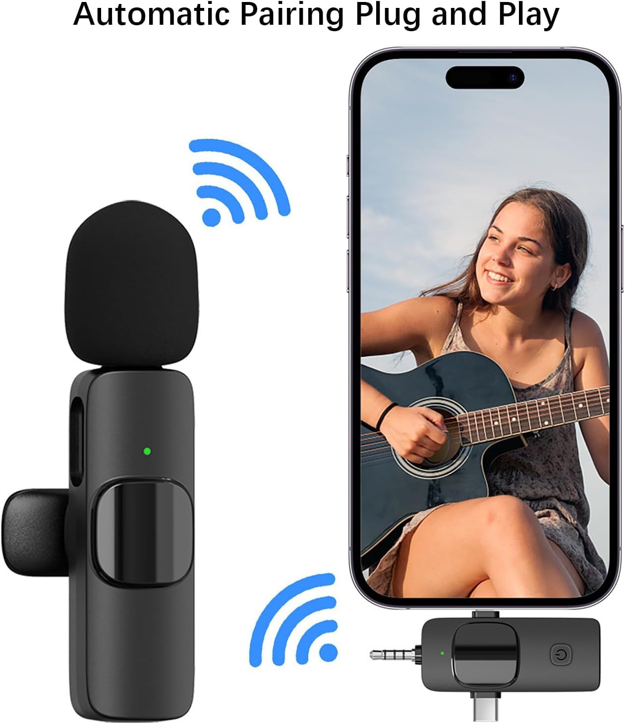 Coverzone Kablosuz İkili Yaka Mikrofonu iPhone ile Uyumlu 3.5mm Aux iPhone Type-C PC Tablet Video Ka