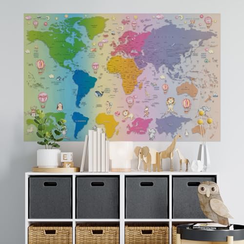 Plustablo Bebek ve Çocuk Odası Dünya Haritası Eğitici Sticker, Sevimli Hayvanlar Kreşler İçin Dünya Haritası (100x150 Cm.)