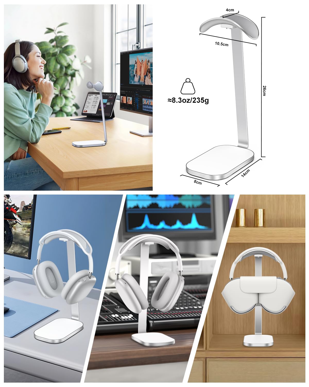 VICHYIE Kulaklık standı, AirPods Max için ağır kulaklık tutucu, kulak üstü kulaklık için çalışma masası aksesuarı, oyun kulaklığı, alüminyum, ABS ve silikon, gümüş beyaz
